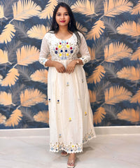 Half White Anarkali Mul Cotton Kurti with Embroidery / ESS226