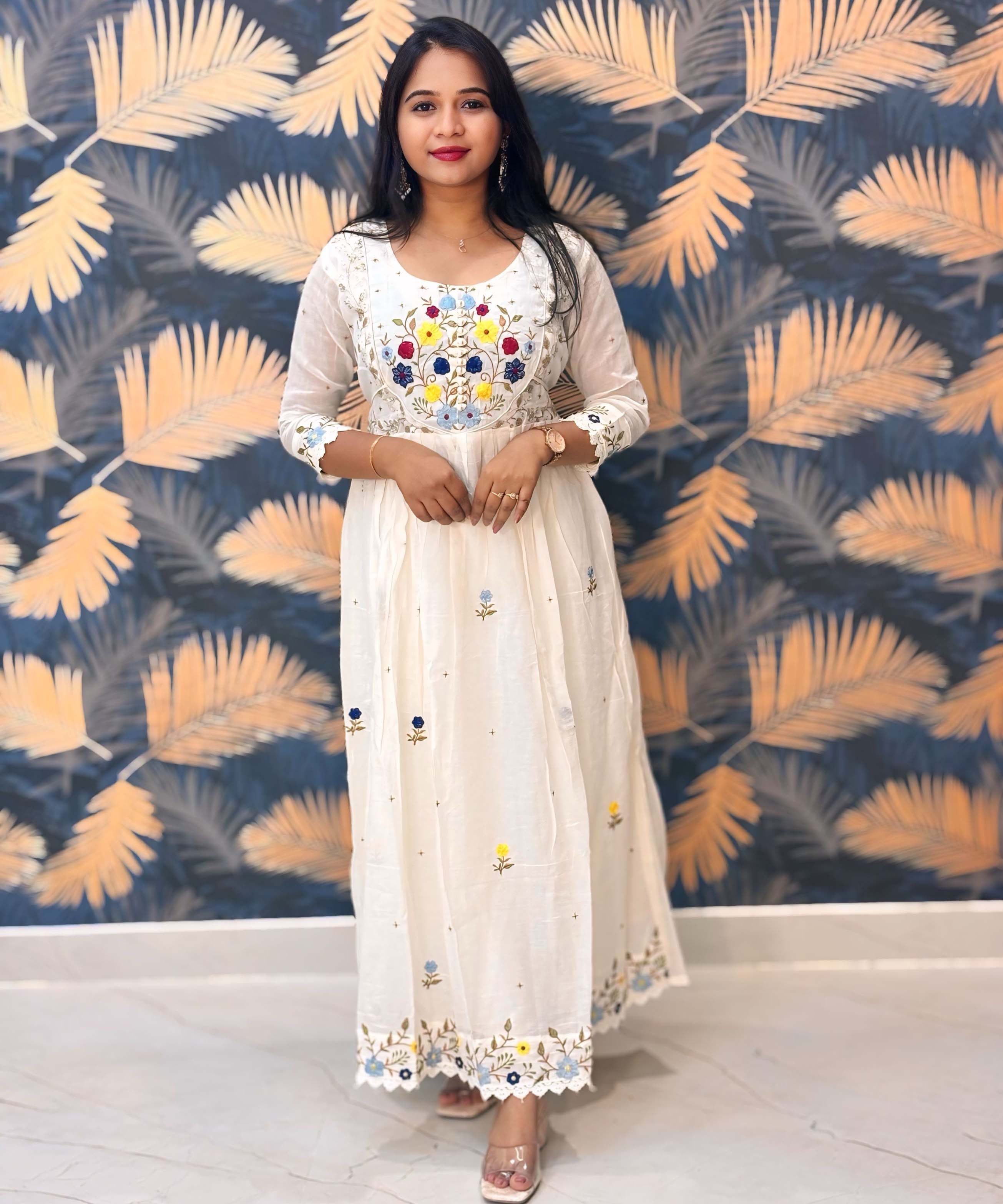Half White Anarkali Mul Cotton Kurti with Embroidery / ESS226