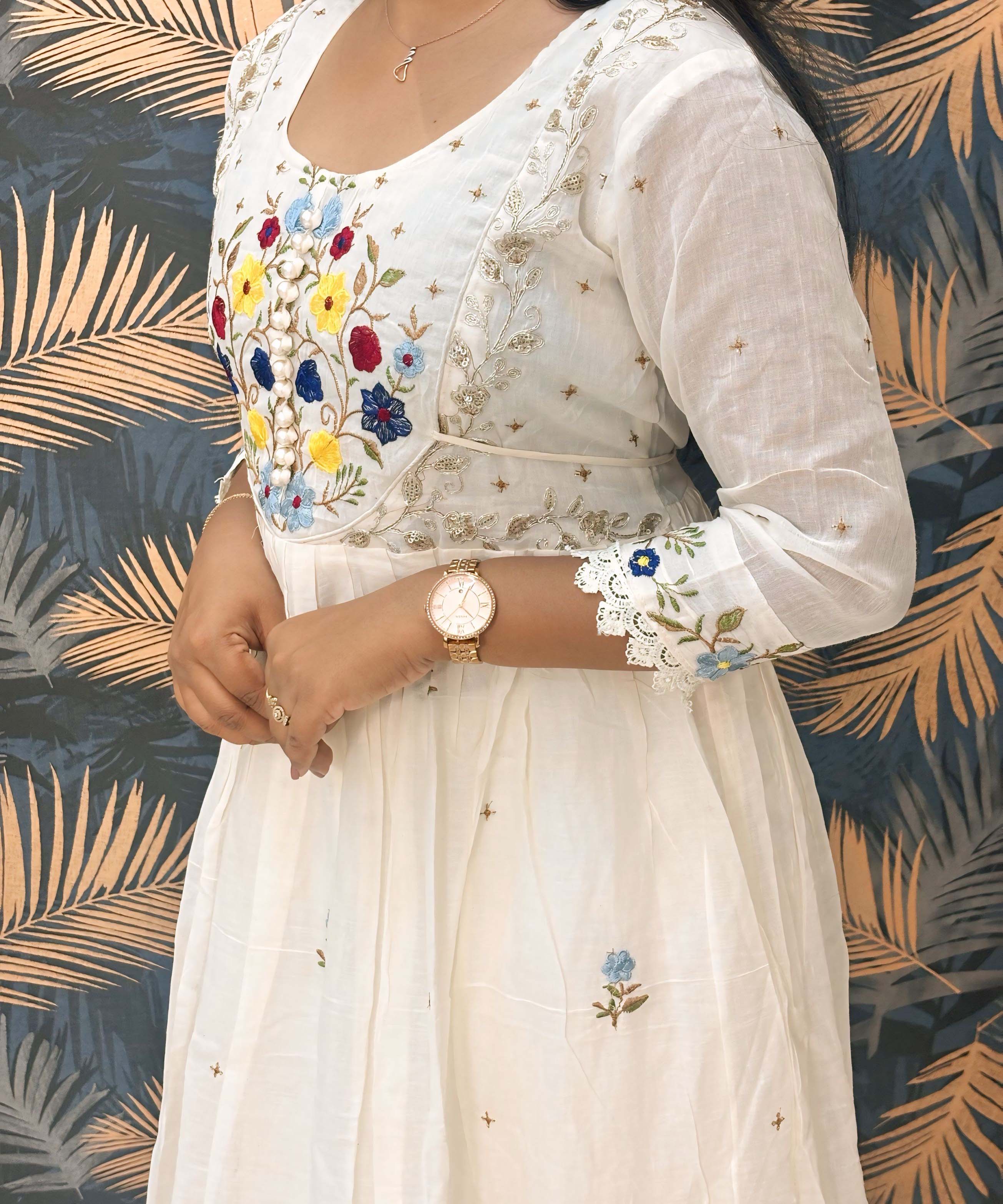 Half White Anarkali Mul Cotton Kurti with Embroidery / ESS226