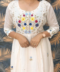 Half White Anarkali Mul Cotton Kurti with Embroidery / ESS226