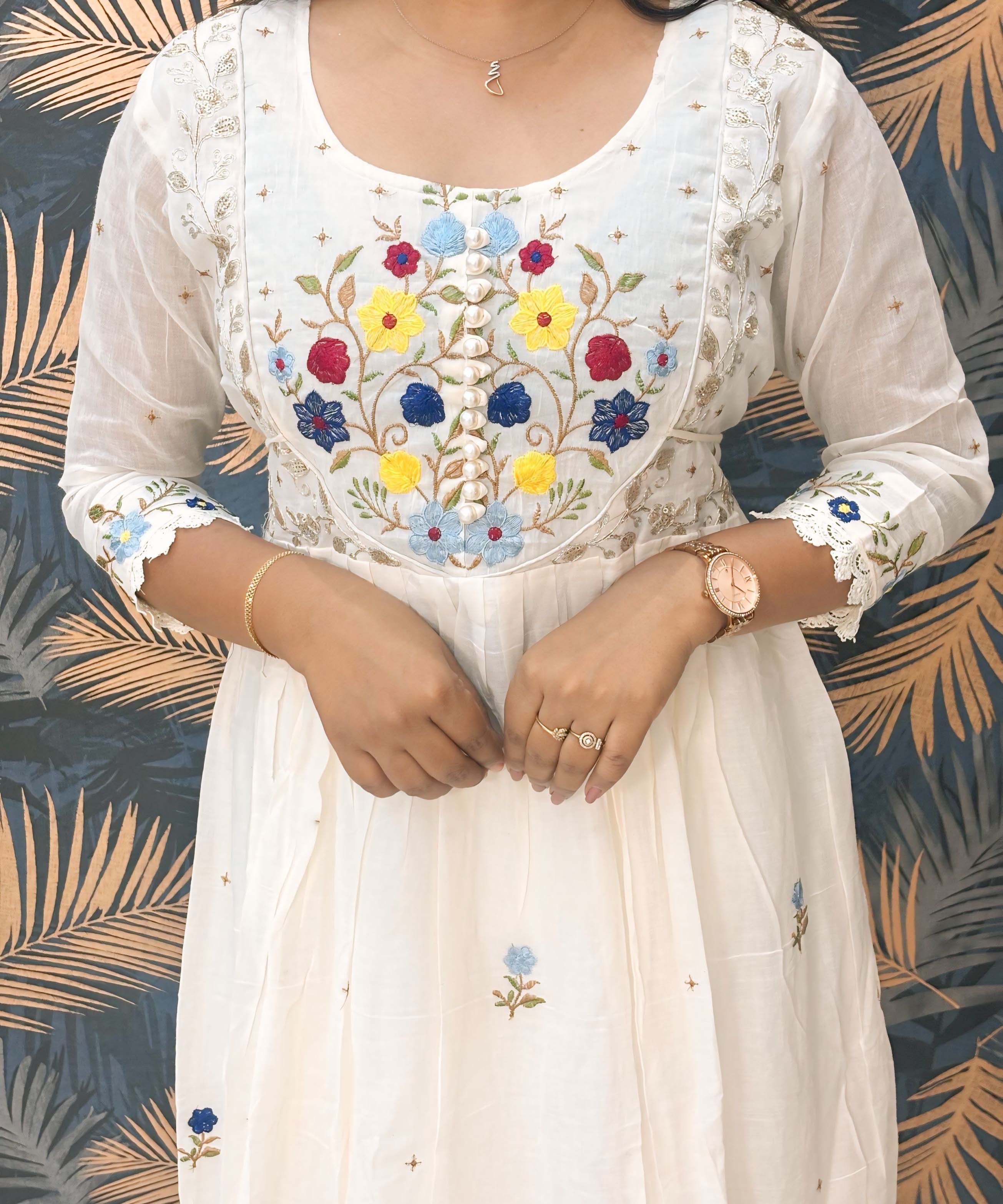 Half White Anarkali Mul Cotton Kurti with Embroidery / ESS226