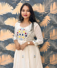Half White Anarkali Mul Cotton Kurti with Embroidery / ESS226