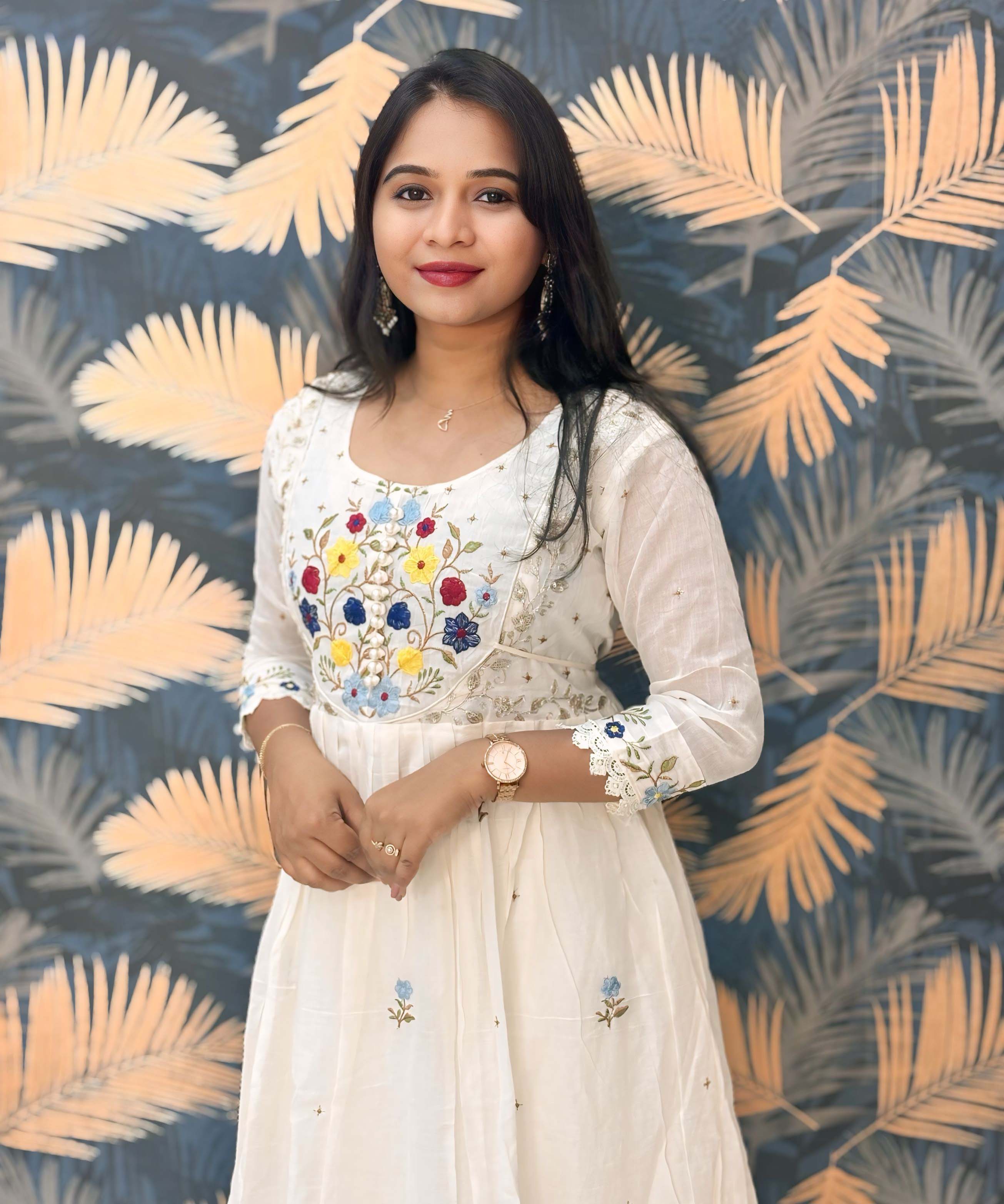 Half White Anarkali Mul Cotton Kurti with Embroidery / ESS226