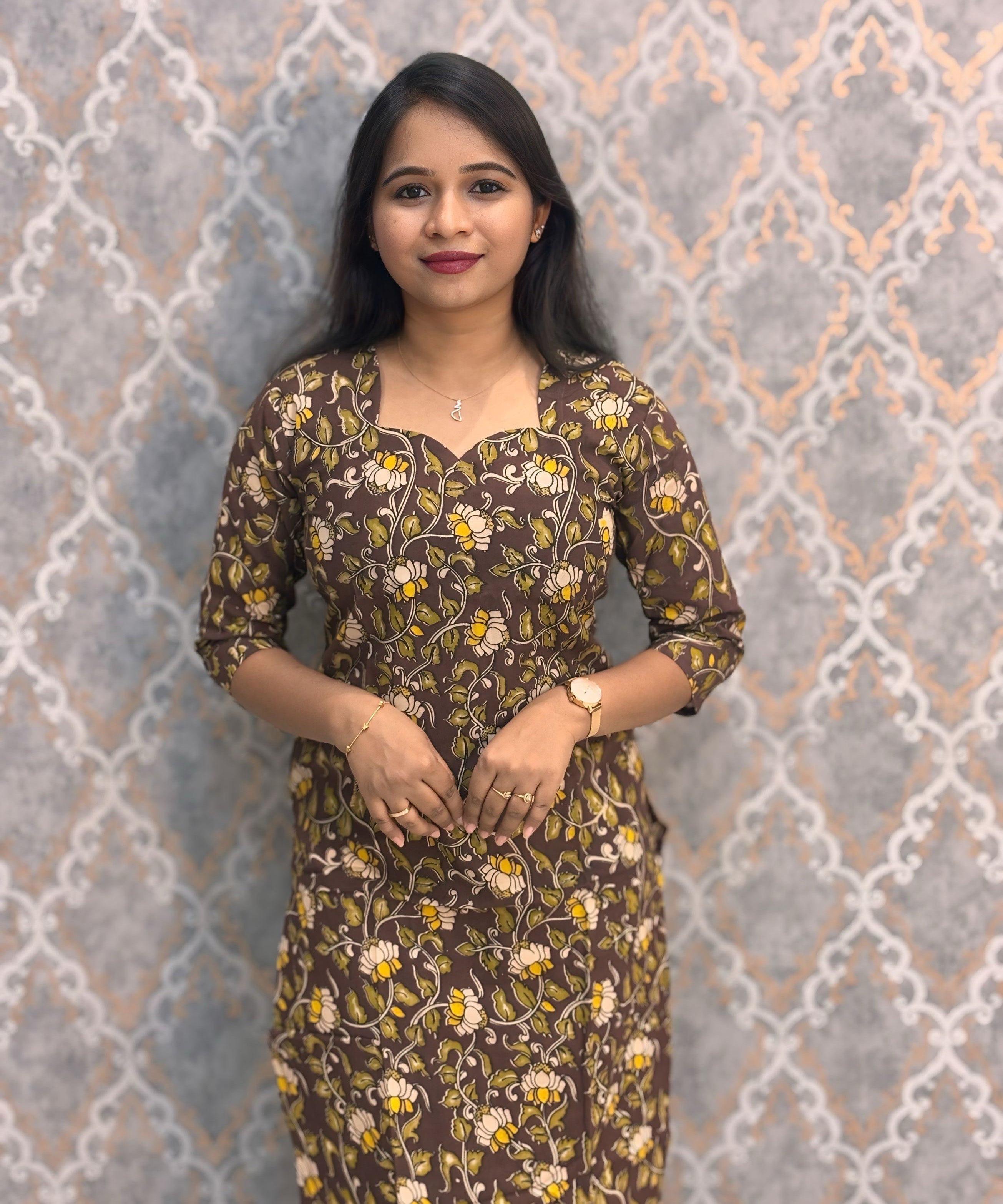 Brown Hand Block Print Pen Kalamkari Cotton Kurti / LSS232