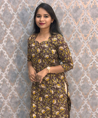 Brown Hand Block Print Pen Kalamkari Cotton Kurti / LSS232
