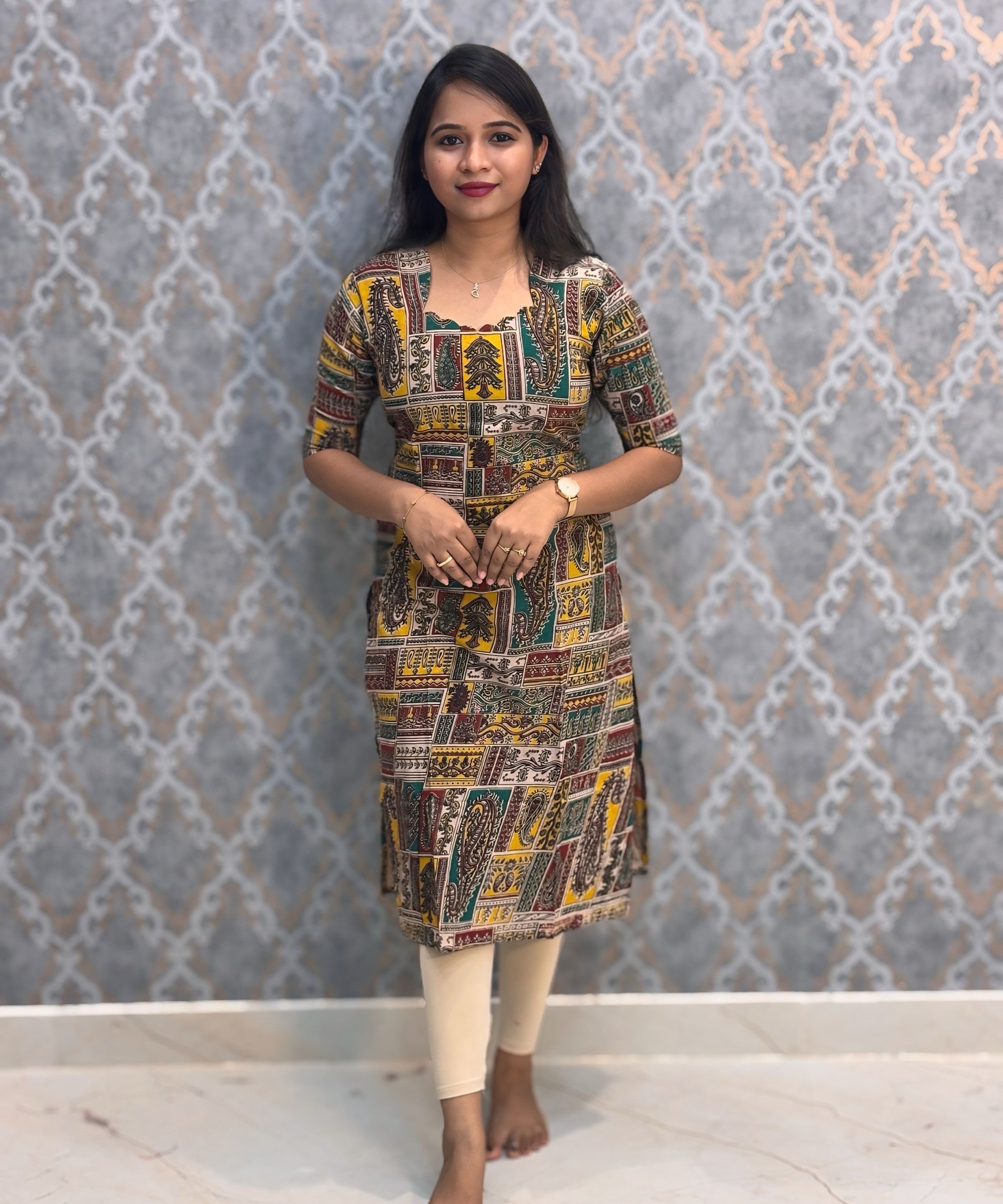 Yellow and Green Color Hand Block Print Pen Kalamkari Cotton Kurti / LSS232