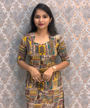 Yellow and Green Color Hand Block Print Pen Kalamkari Cotton Kurti / LSS232
