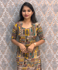Yellow and Green Color Hand Block Print Pen Kalamkari Cotton Kurti / LSS232