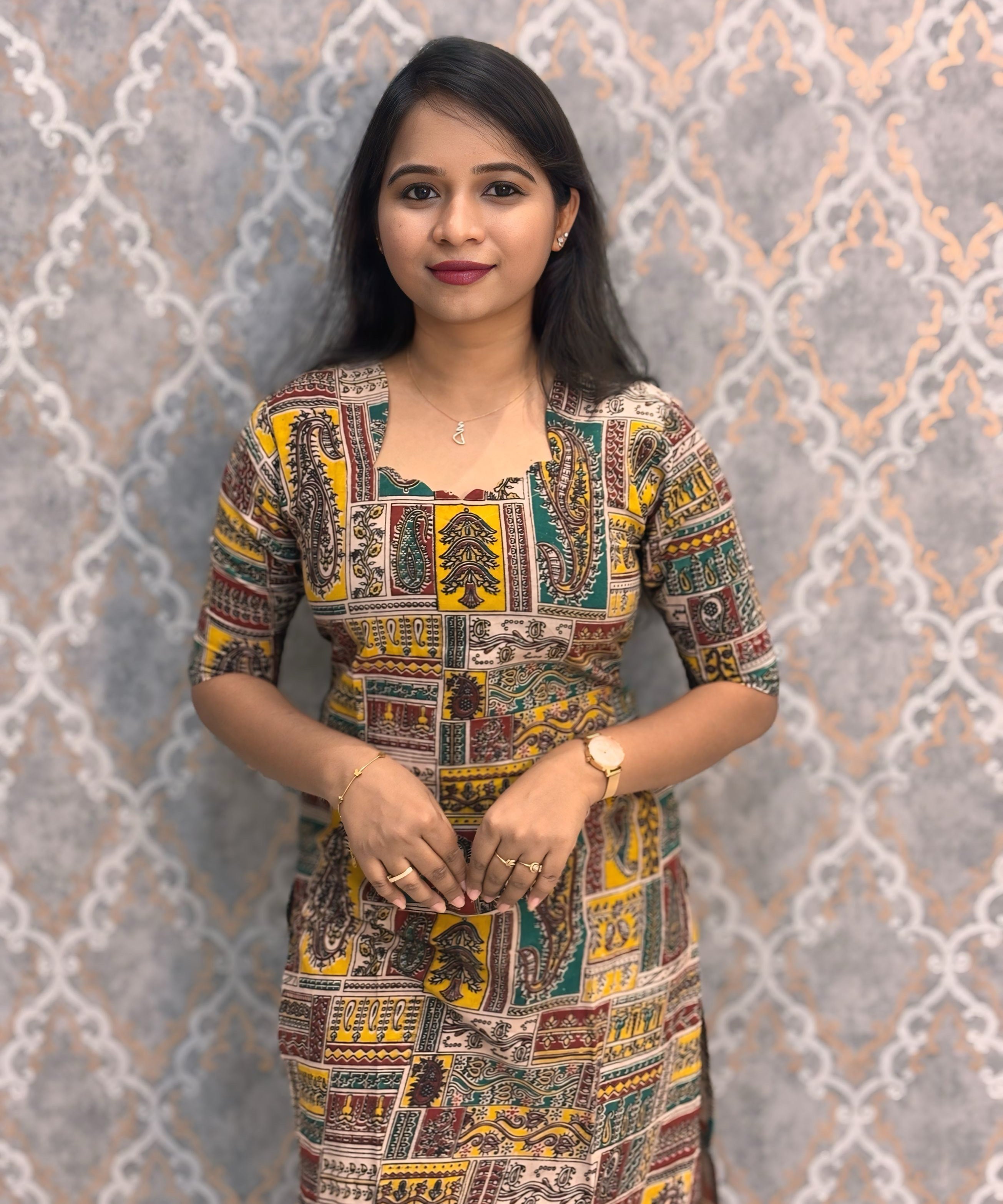 Yellow and Green Color Hand Block Print Pen Kalamkari Cotton Kurti / LSS232