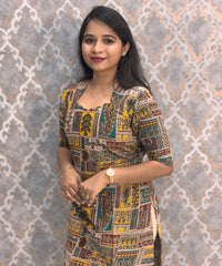 Yellow and Green Color Hand Block Print Pen Kalamkari Cotton Kurti / LSS232