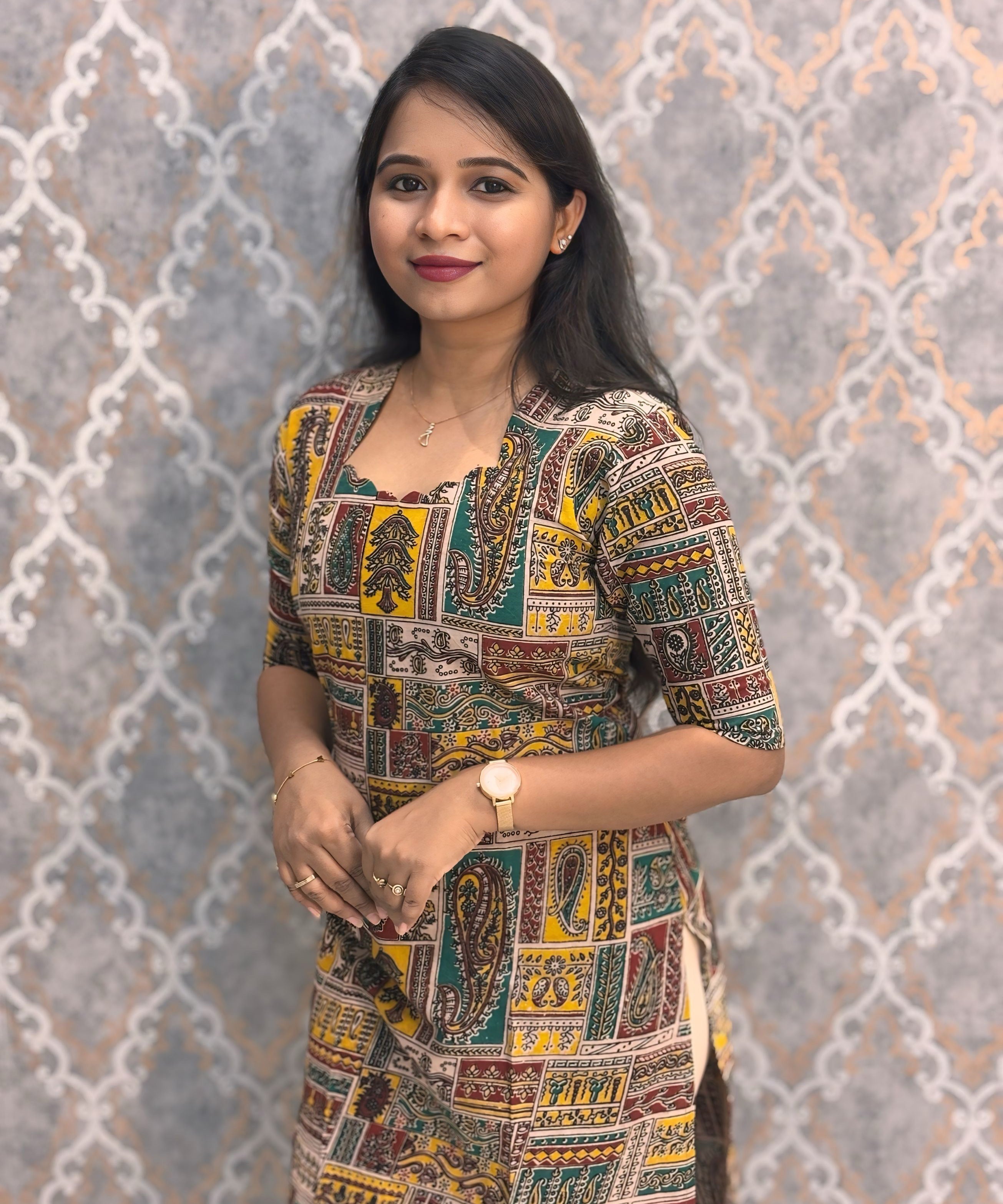 Yellow and Green Color Hand Block Print Pen Kalamkari Cotton Kurti / LSS232