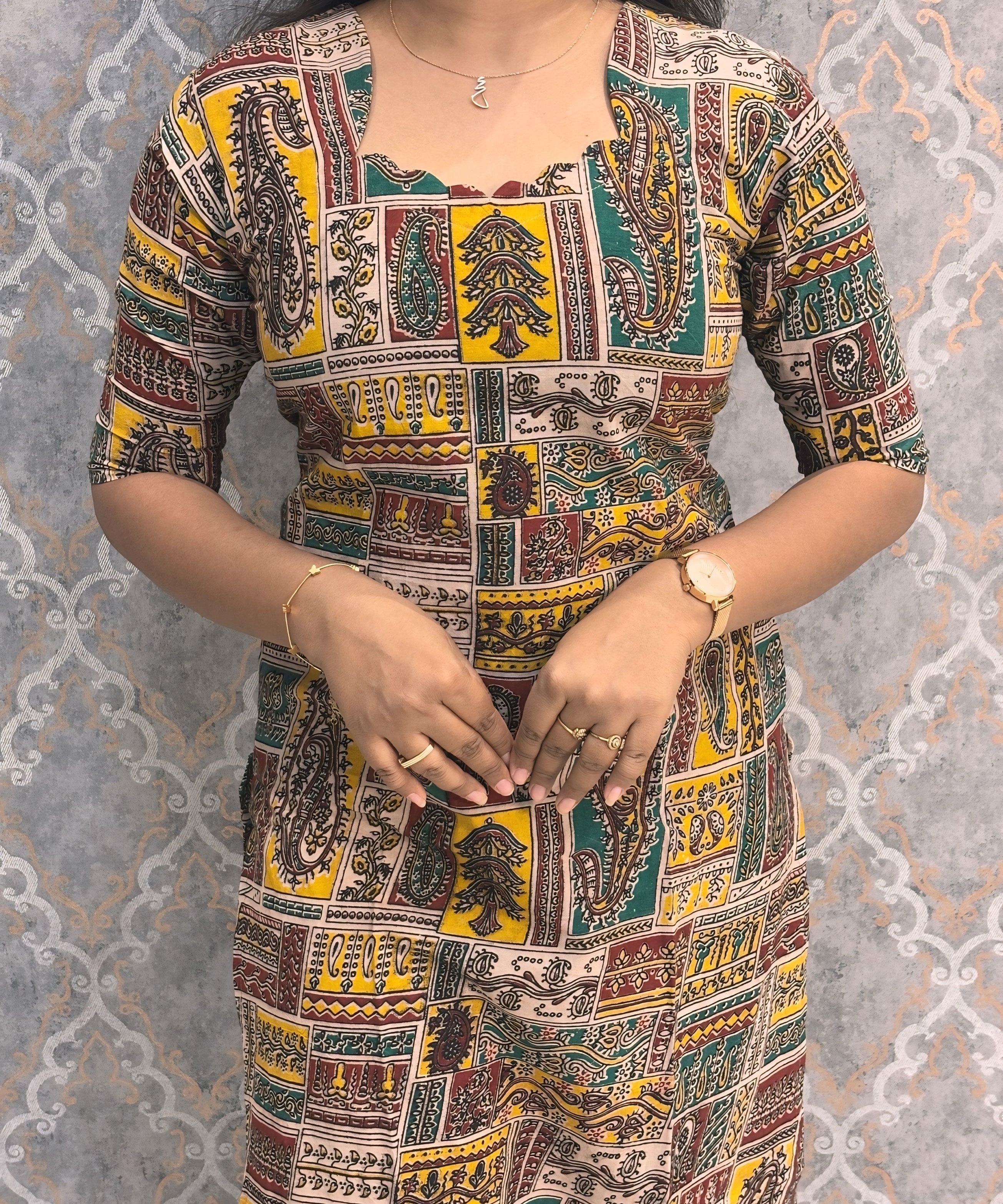 Yellow and Green Color Hand Block Print Pen Kalamkari Cotton Kurti / LSS232