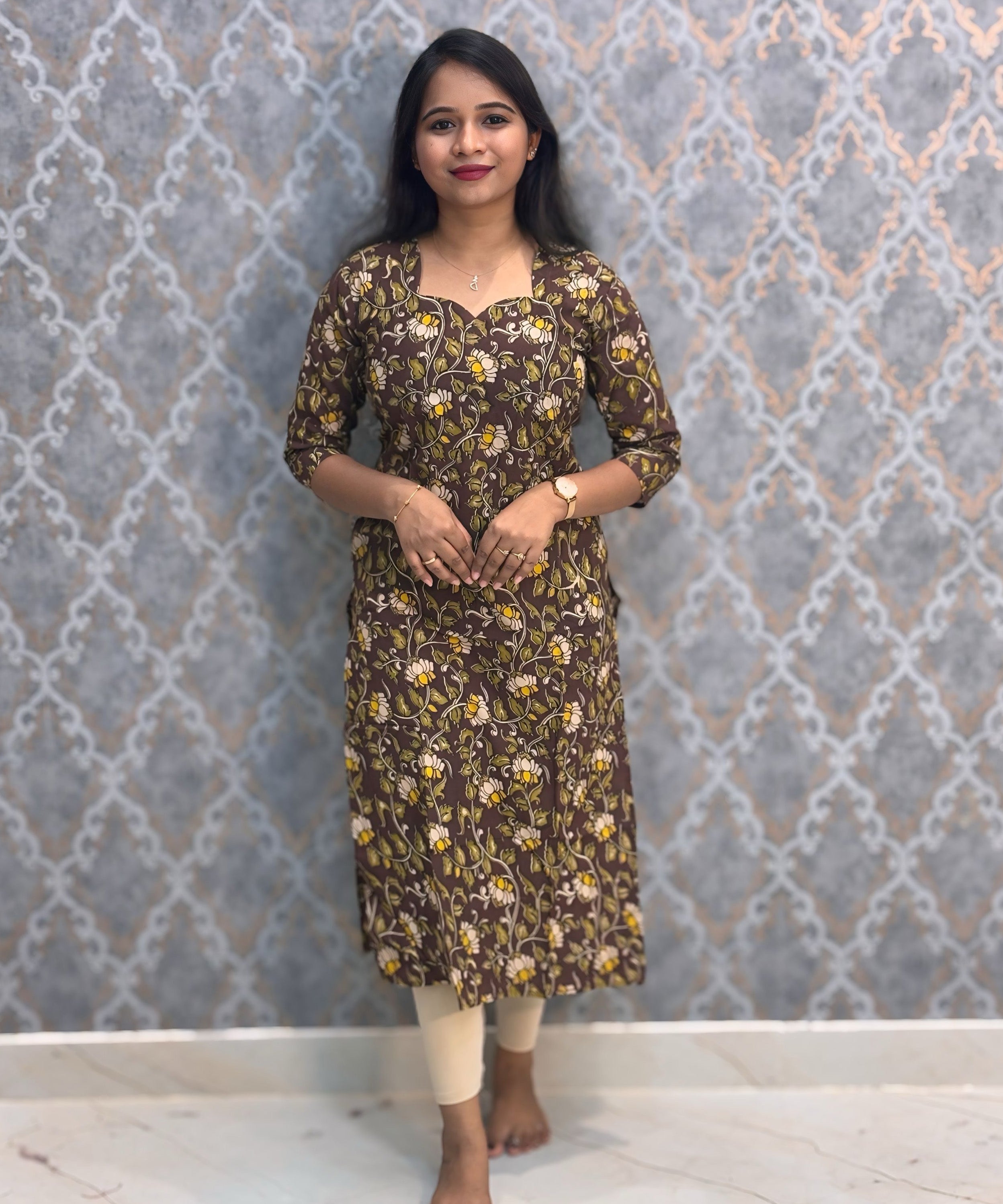 Brown Hand Block Print Pen Kalamkari Cotton Kurti / LSS232