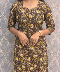 Brown Hand Block Print Pen Kalamkari Cotton Kurti / LSS232