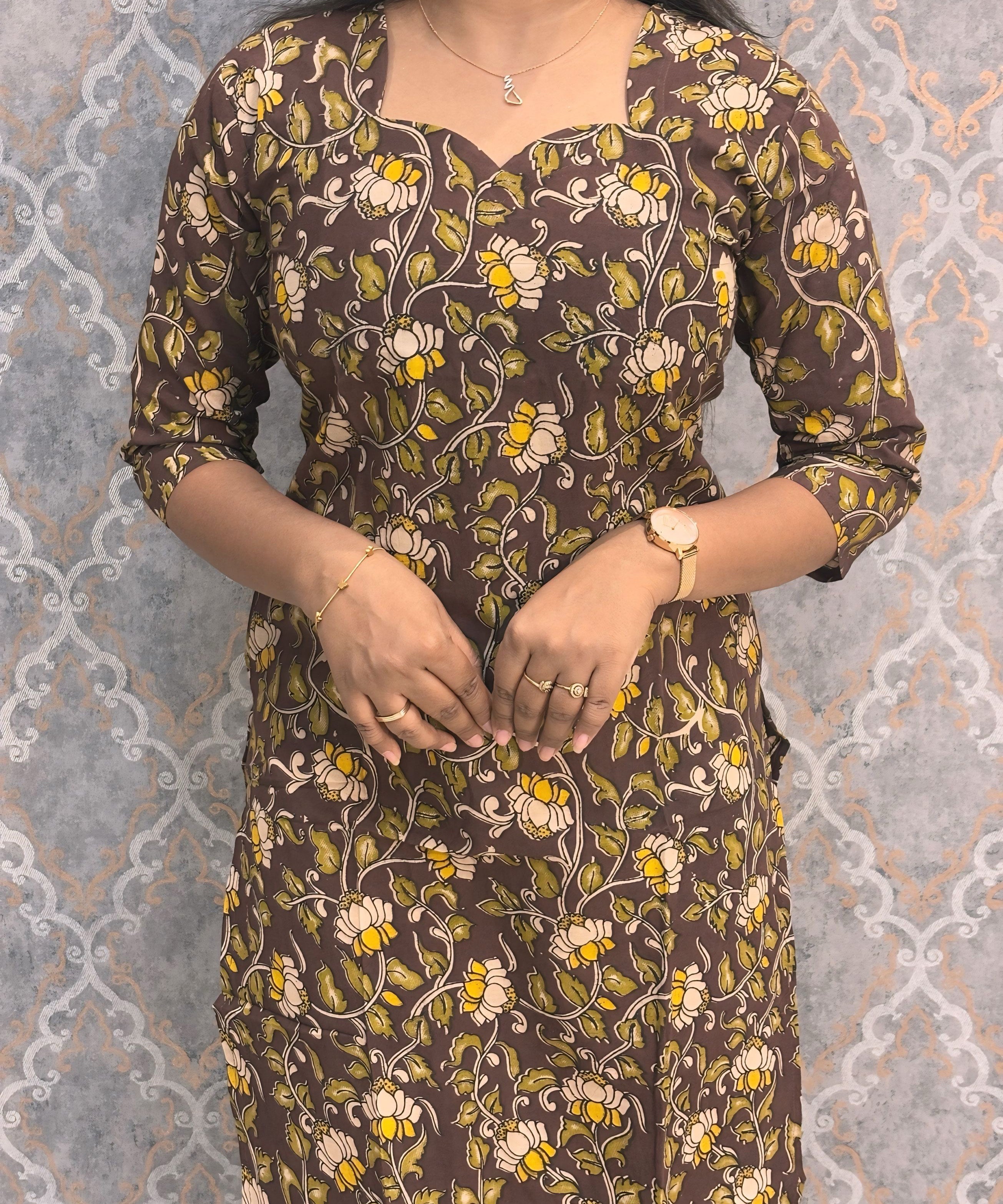 Brown Hand Block Print Pen Kalamkari Cotton Kurti / LSS232