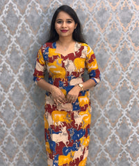 Pichwai Cow Hand Block Print Pen Kalamkari Cotton Kurti / LSS232