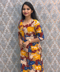 Pichwai Cow Hand Block Print Pen Kalamkari Cotton Kurti / LSS232