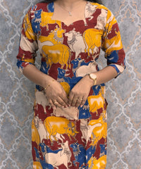 Pichwai Cow Hand Block Print Pen Kalamkari Cotton Kurti / LSS232