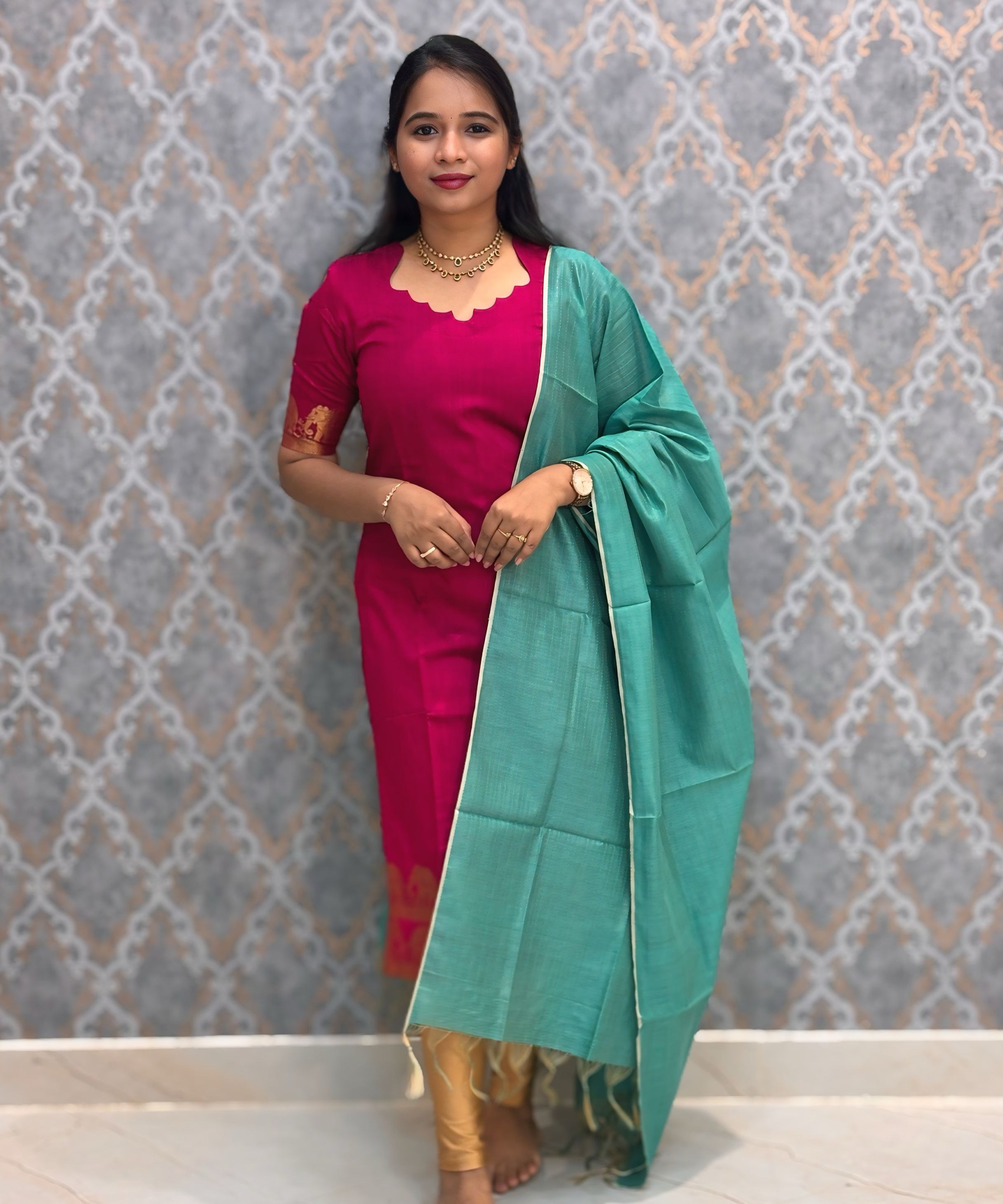 Dark Pink Premium Handloom Kota Jacquard Border Silk Cotton Kurti and Silk Cotton Dupatta / HL012