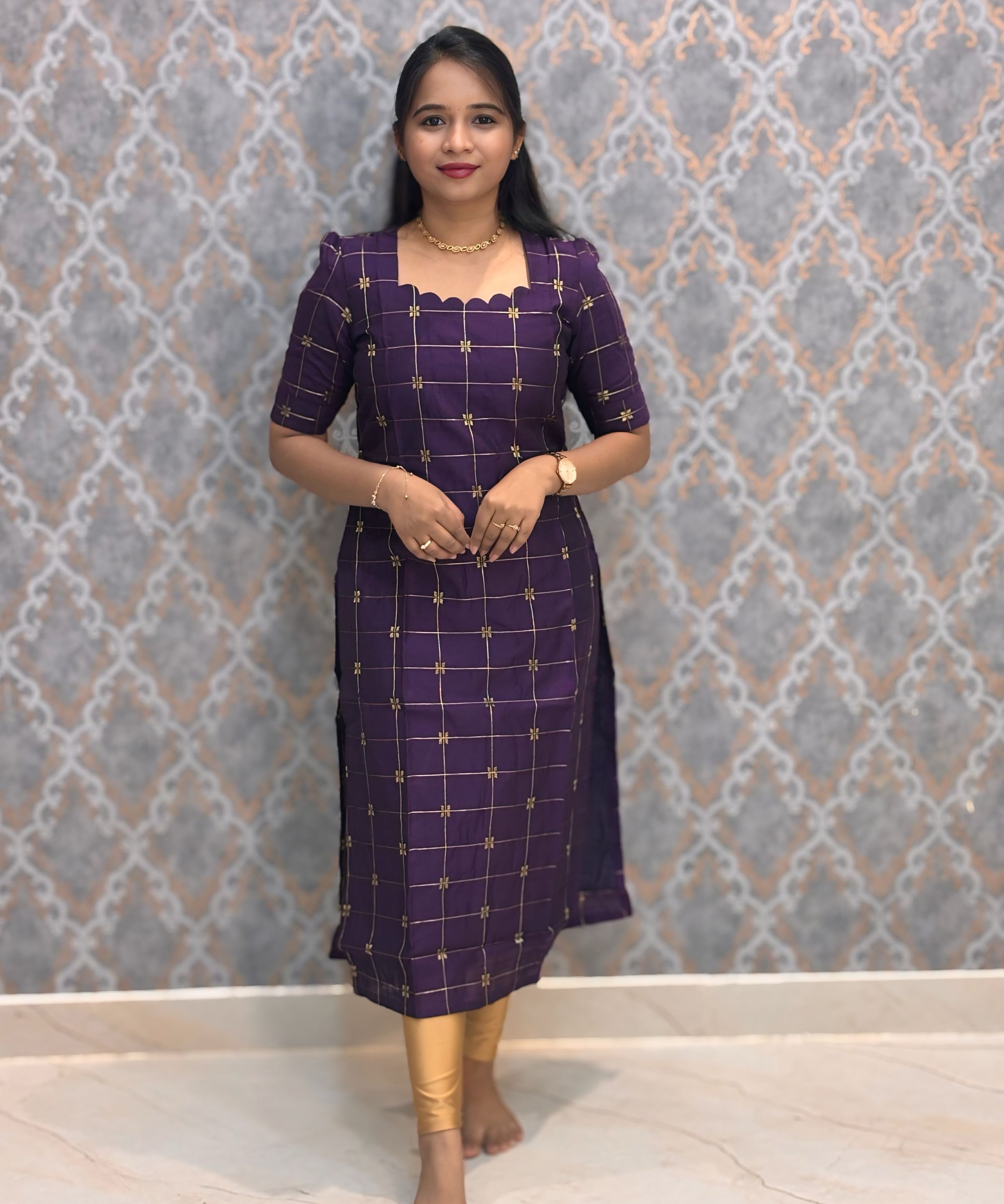 Wine Color Premium Handloom Raw Silk Kurti and Jamdhani Silk Cotton Dupatta / HL009