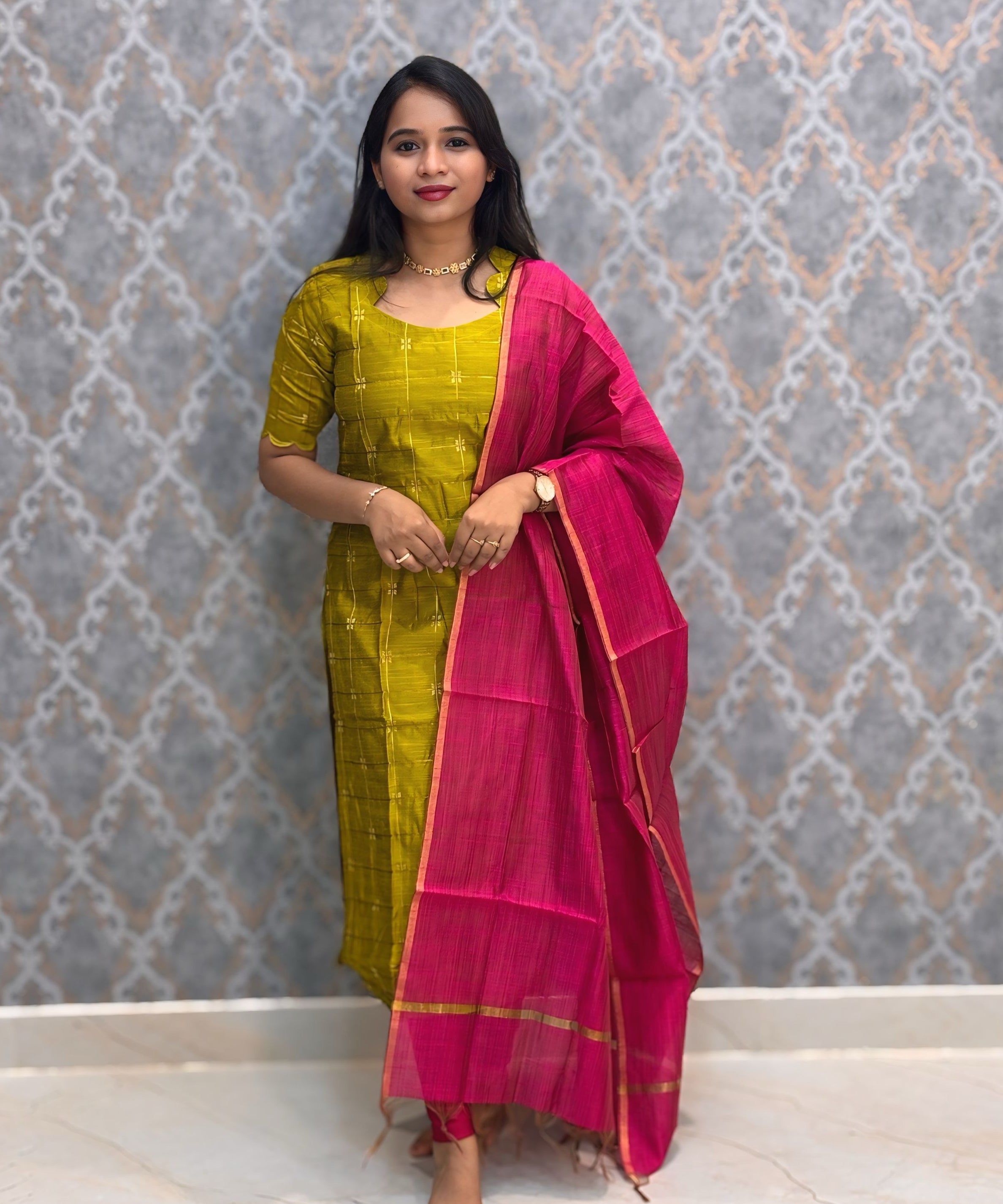 Olive Green Color Premium Handloom Raw Silk Kurti and Silk Cotton Dupatta / HL010