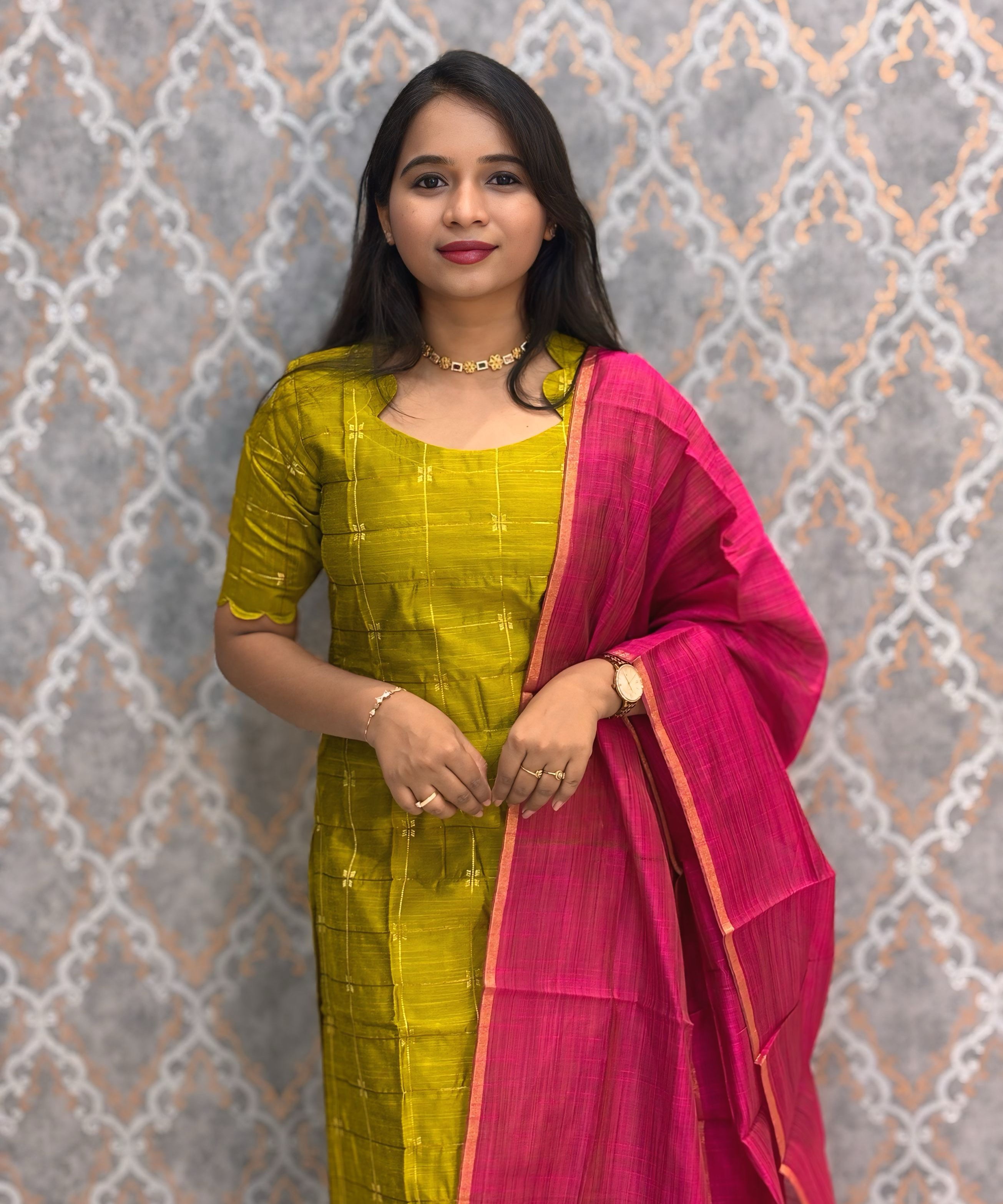 Olive Green Color Premium Handloom Raw Silk Kurti and Silk Cotton Dupatta / HL010