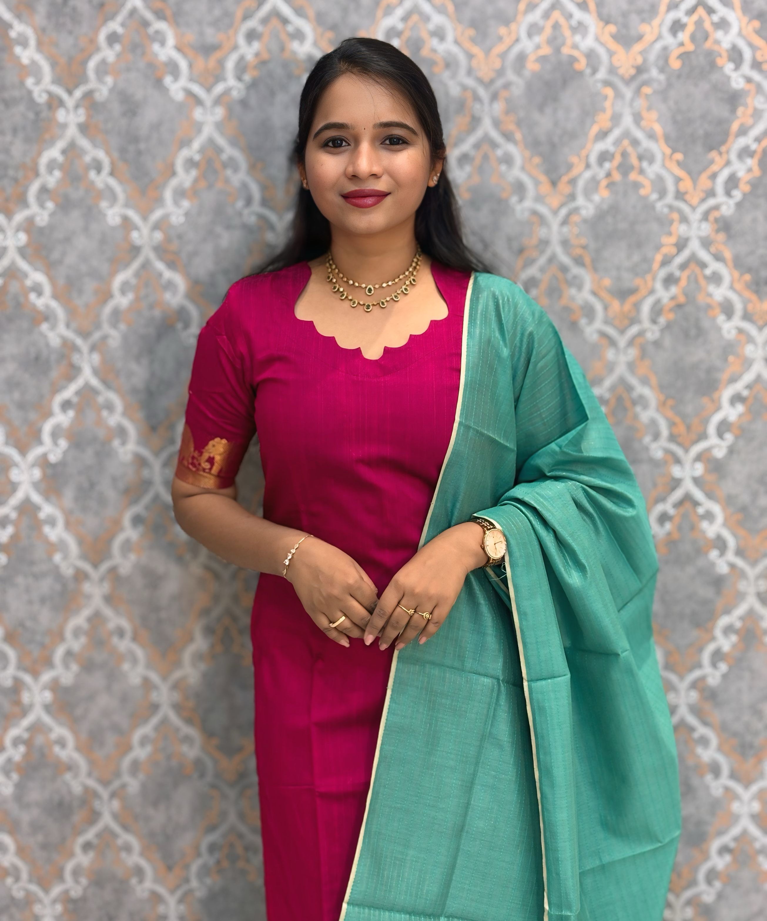 Dark Pink Premium Handloom Kota Jacquard Border Silk Cotton Kurti and Silk Cotton Dupatta / HL012