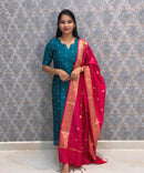 Peacock Blue Color Premium Handloom Raw Silk Kurti and Banarasi Silk Cotton Dupatta / HL011