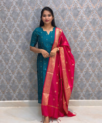 Peacock Blue Color Premium Handloom Raw Silk Kurti and Banarasi Silk Cotton Dupatta / HL011