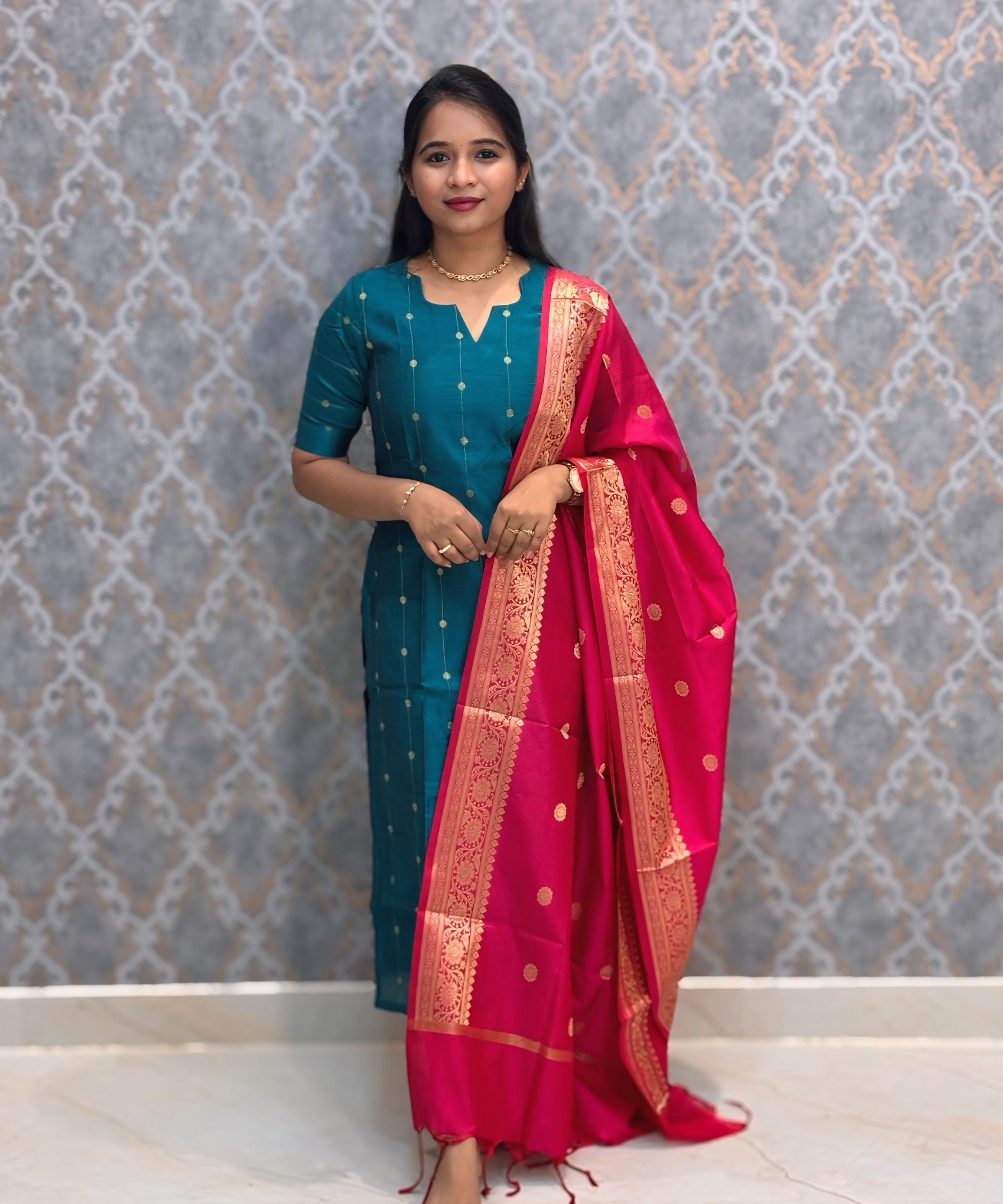 Peacock Blue Color Premium Handloom Raw Silk Kurti and Banarasi Silk Cotton Dupatta / HL011