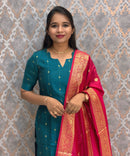 Peacock Blue Color Premium Handloom Raw Silk Kurti and Banarasi Silk Cotton Dupatta / HL011