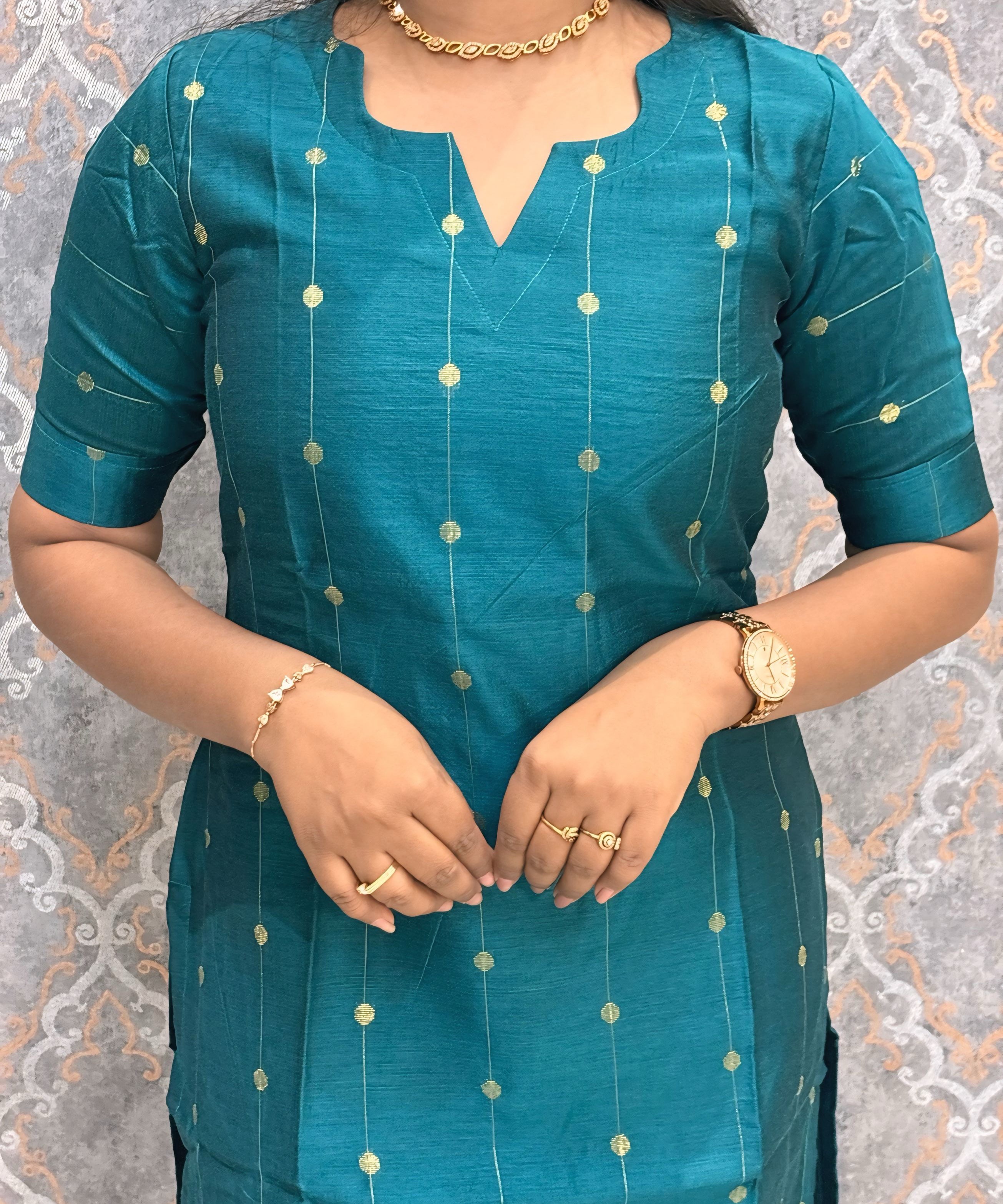 Peacock Blue Color Premium Handloom Raw Silk Kurti and Banarasi Silk Cotton Dupatta / HL011