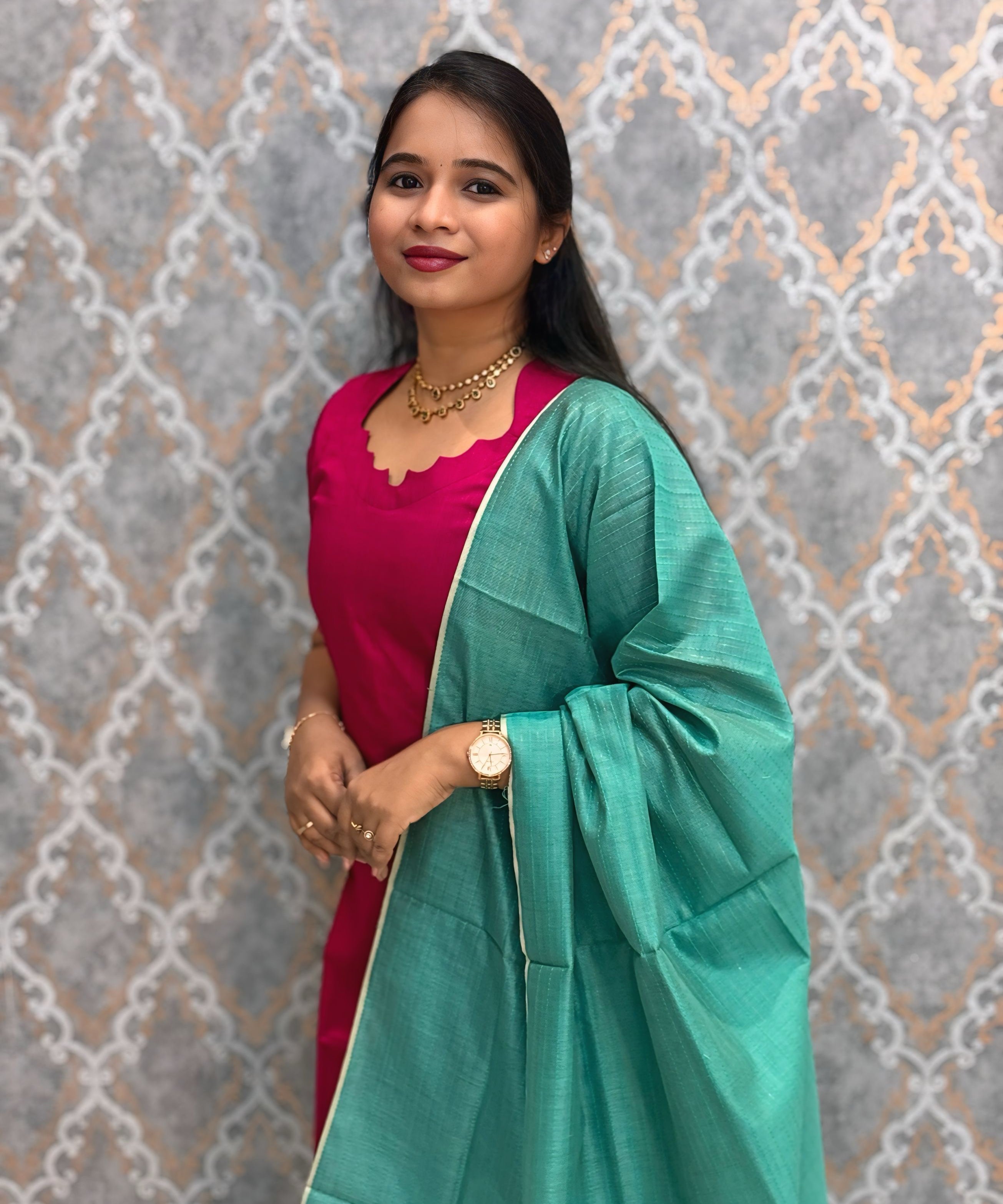 Dark Pink Premium Handloom Kota Jacquard Border Silk Cotton Kurti and Silk Cotton Dupatta / HL012