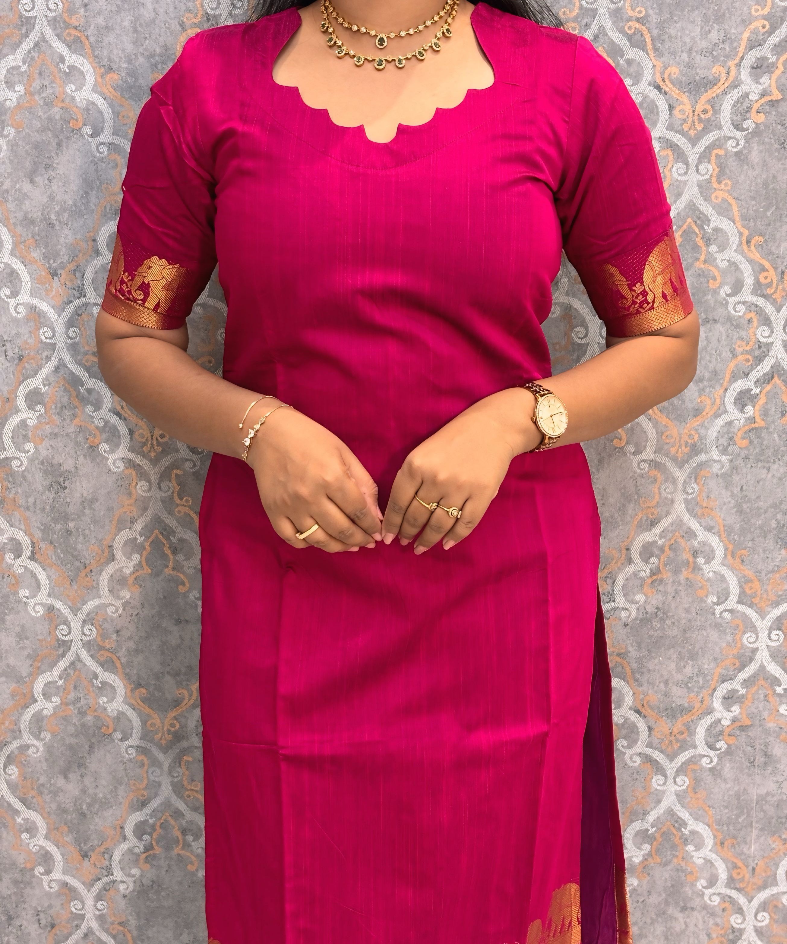 Dark Pink Premium Handloom Kota Jacquard Border Silk Cotton Kurti and Silk Cotton Dupatta / HL012