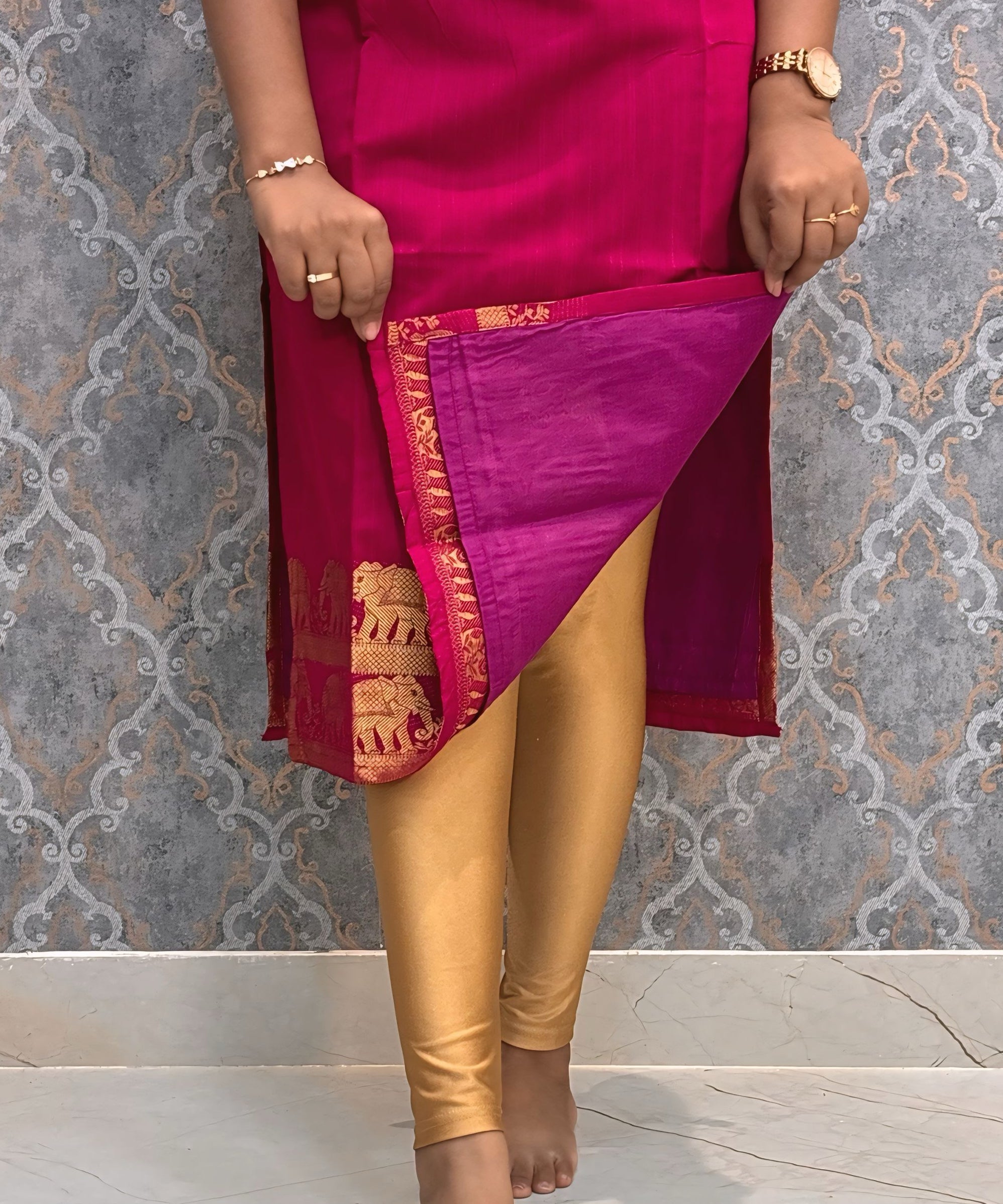 Dark Pink Premium Handloom Kota Jacquard Border Silk Cotton Kurti and Silk Cotton Dupatta / HL012
