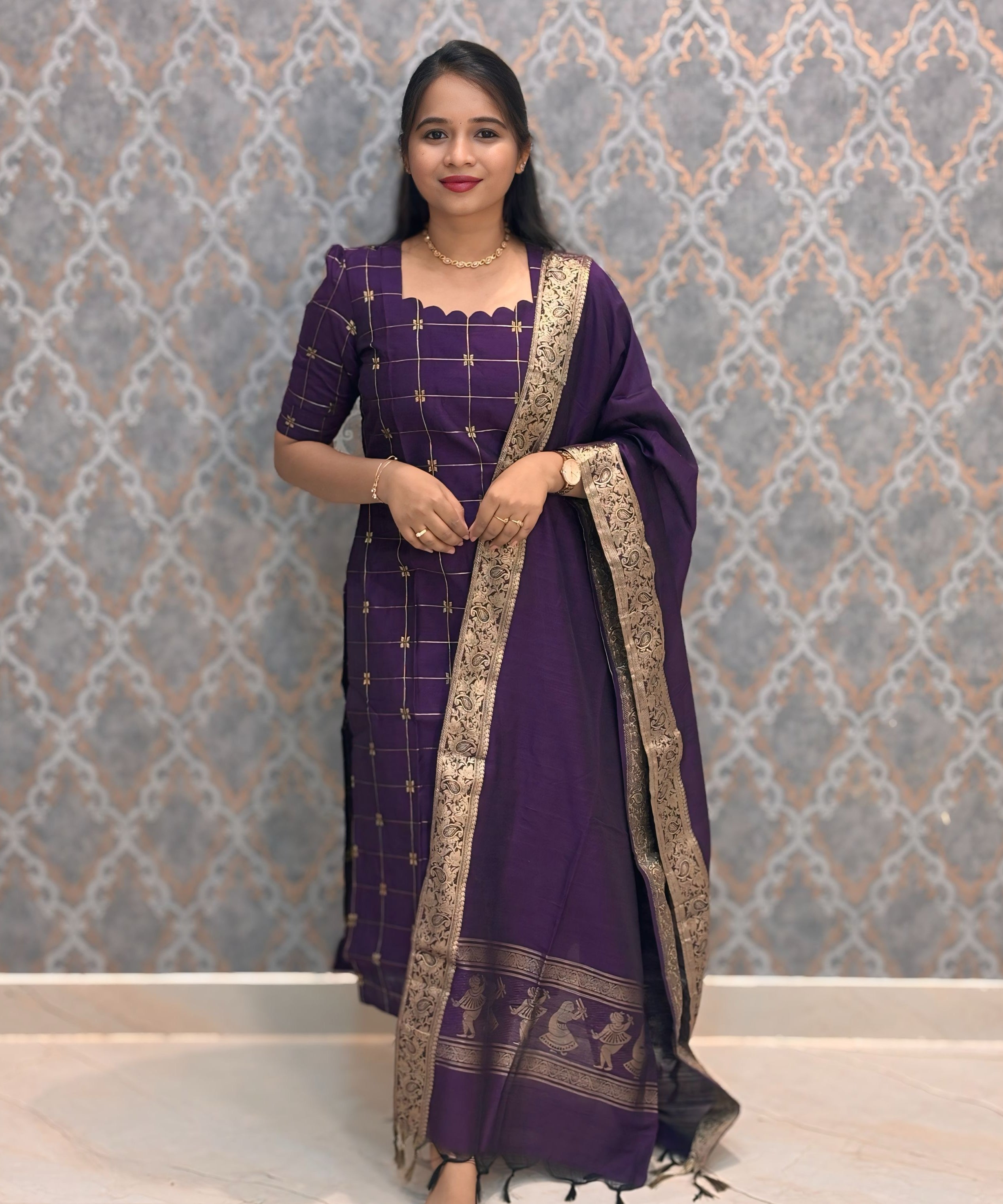 Wine Color Premium Handloom Raw Silk Kurti and Jamdhani Silk Cotton Dupatta / HL009