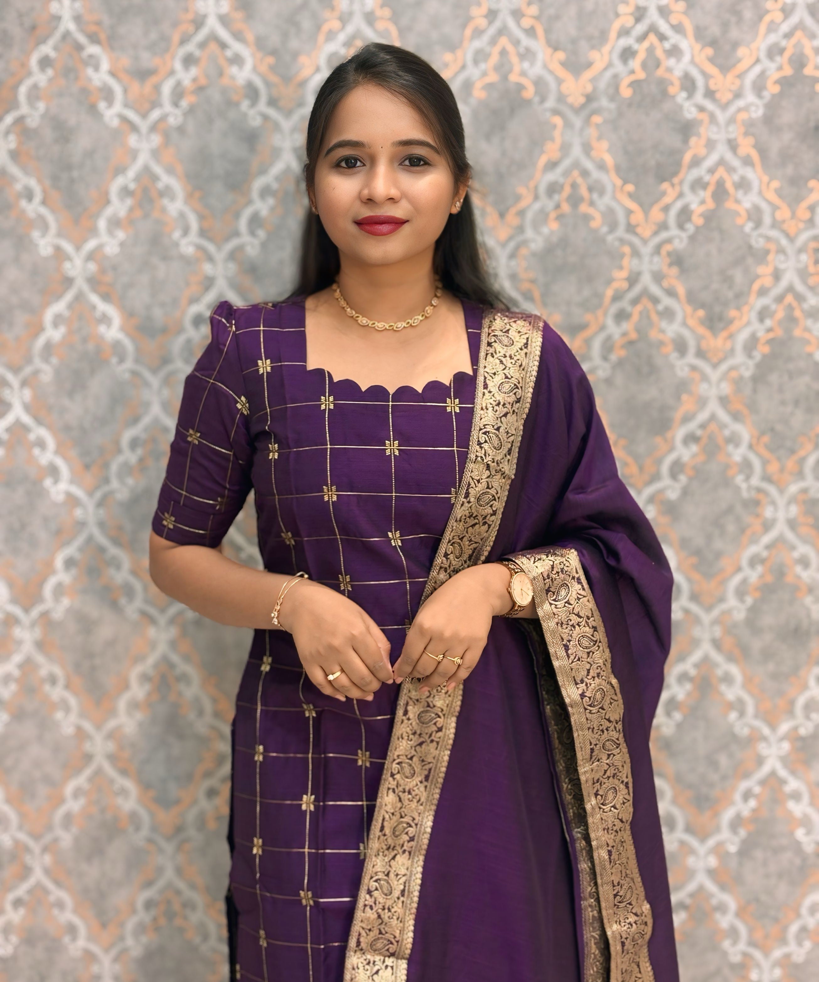 Wine Color Premium Handloom Raw Silk Kurti and Jamdhani Silk Cotton Dupatta / HL009