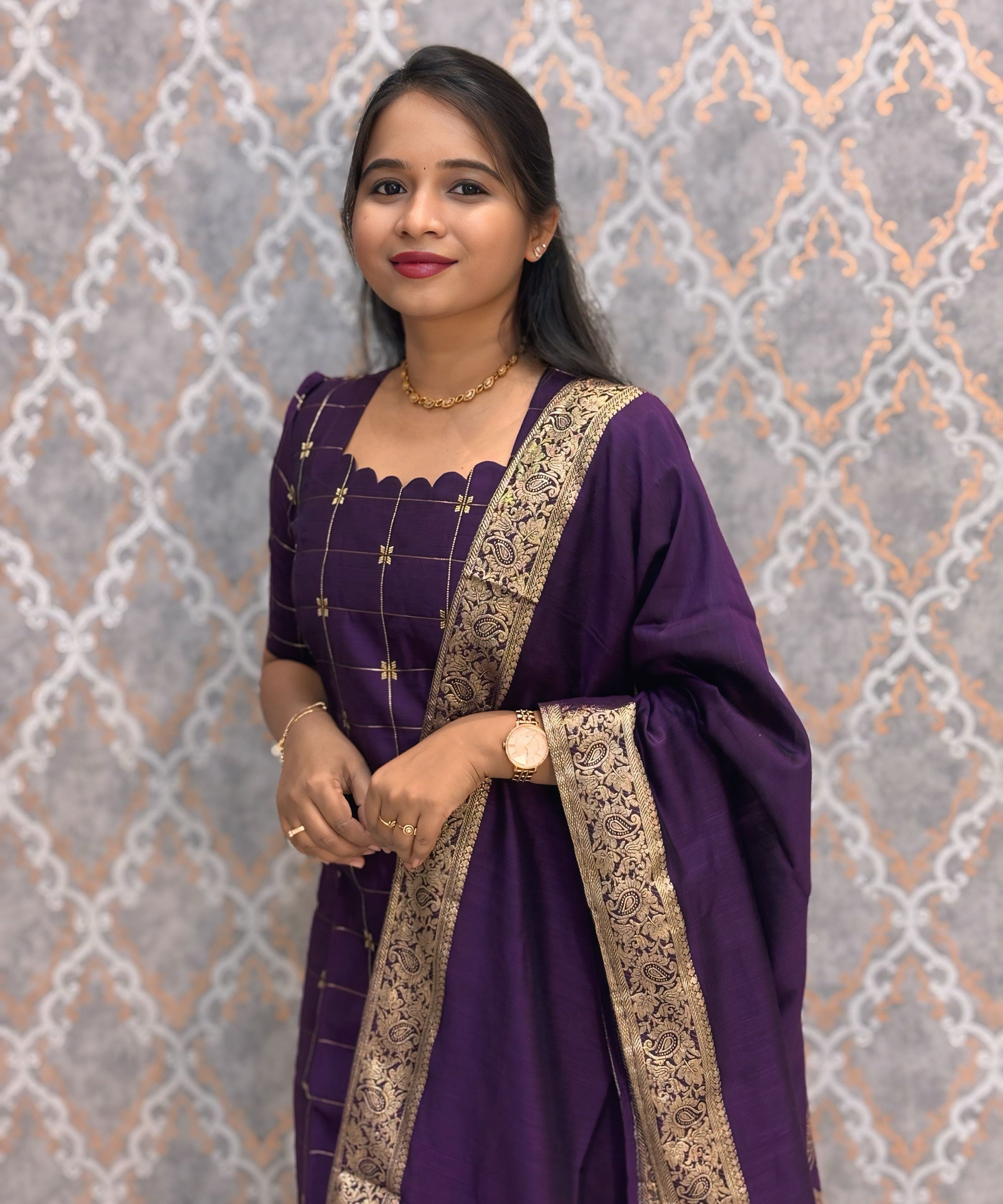 Wine Color Premium Handloom Raw Silk Kurti and Jamdhani Silk Cotton Dupatta / HL009