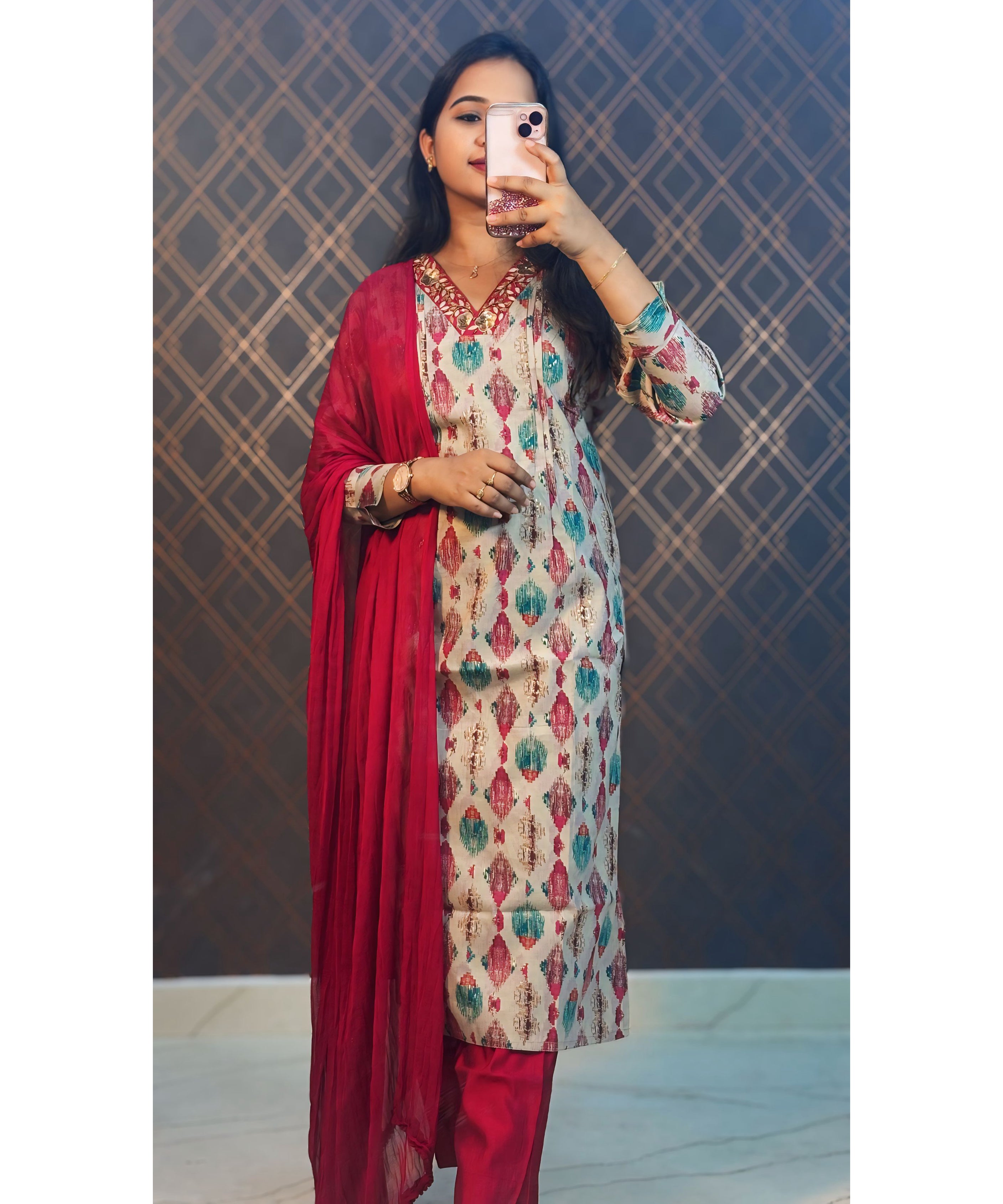 Maroon Premium V neck Ethnic 3 Piece Salwar Set / NSS183