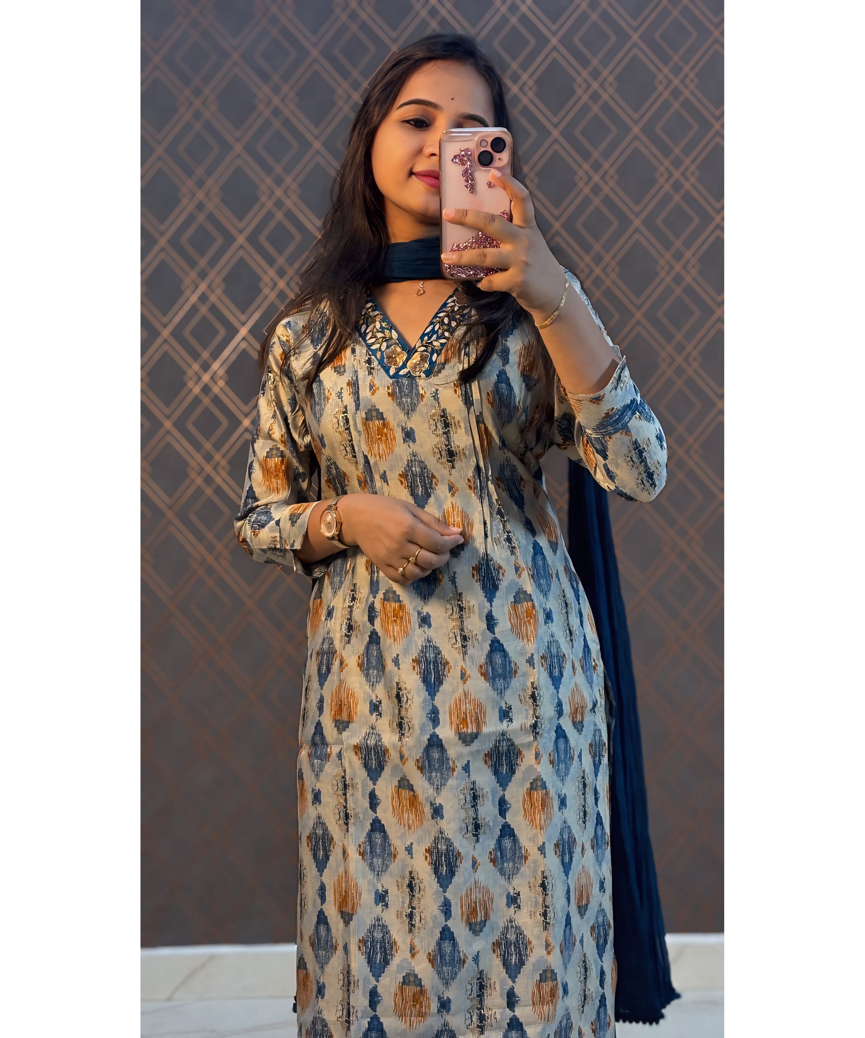 Navy Blue Premium V neck Ethnic 3 Piece Salwar Set / NSS182