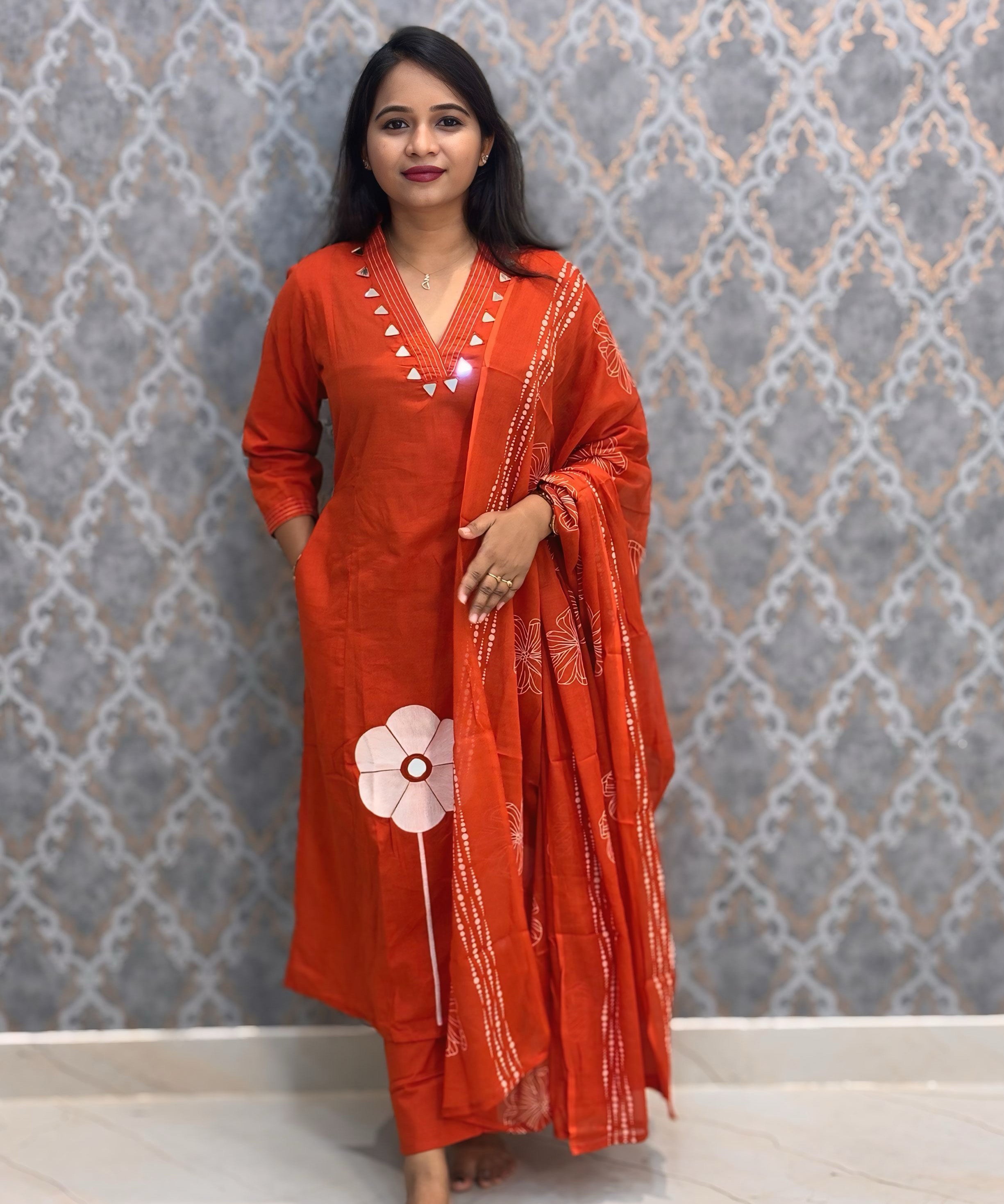 Orange Color Mirror Work V Neck Designer Ethnic Salwar Set with Pocket / ESS384