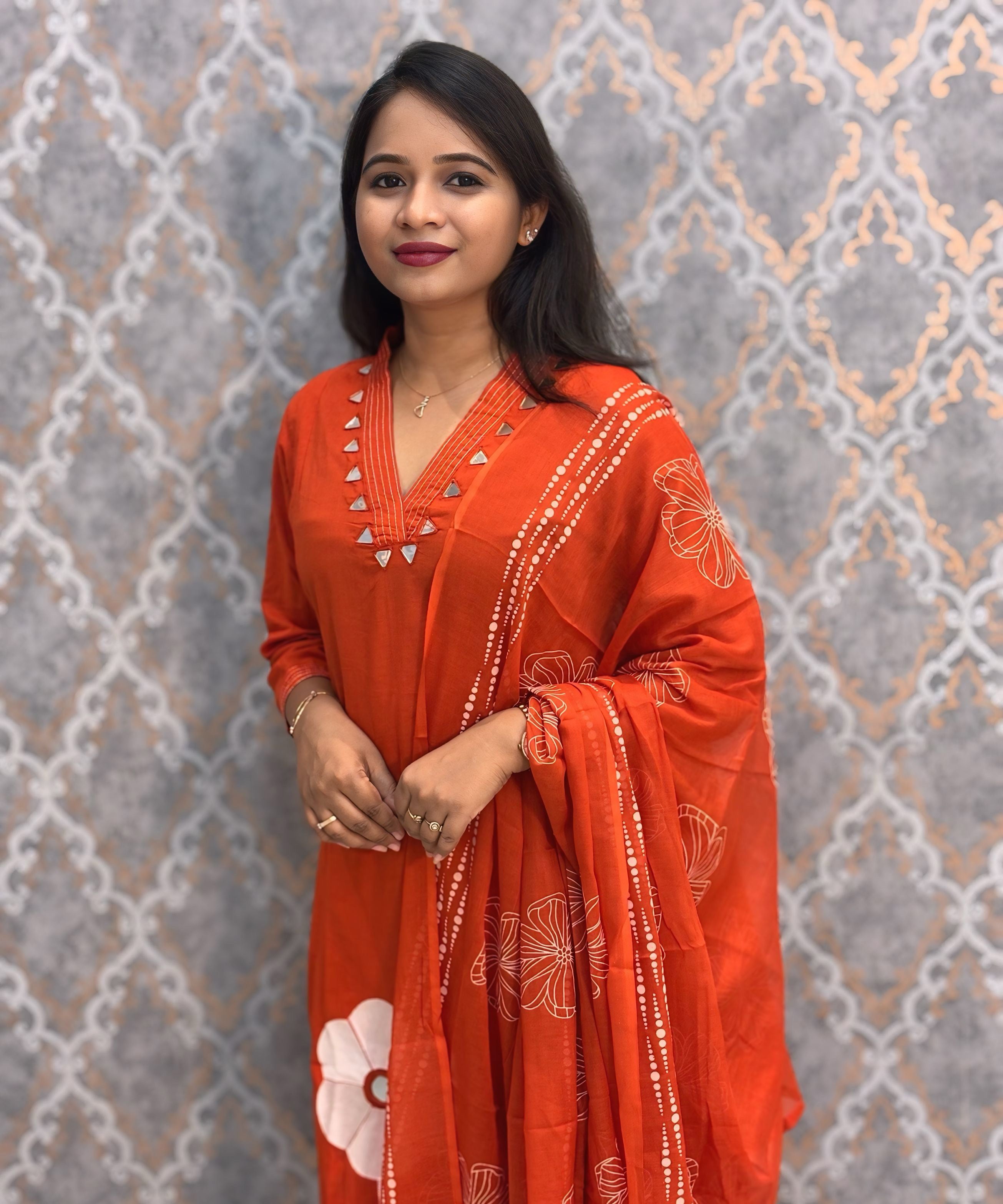 Orange Color Mirror Work V Neck Designer Ethnic Salwar Set with Pocket / ESS384