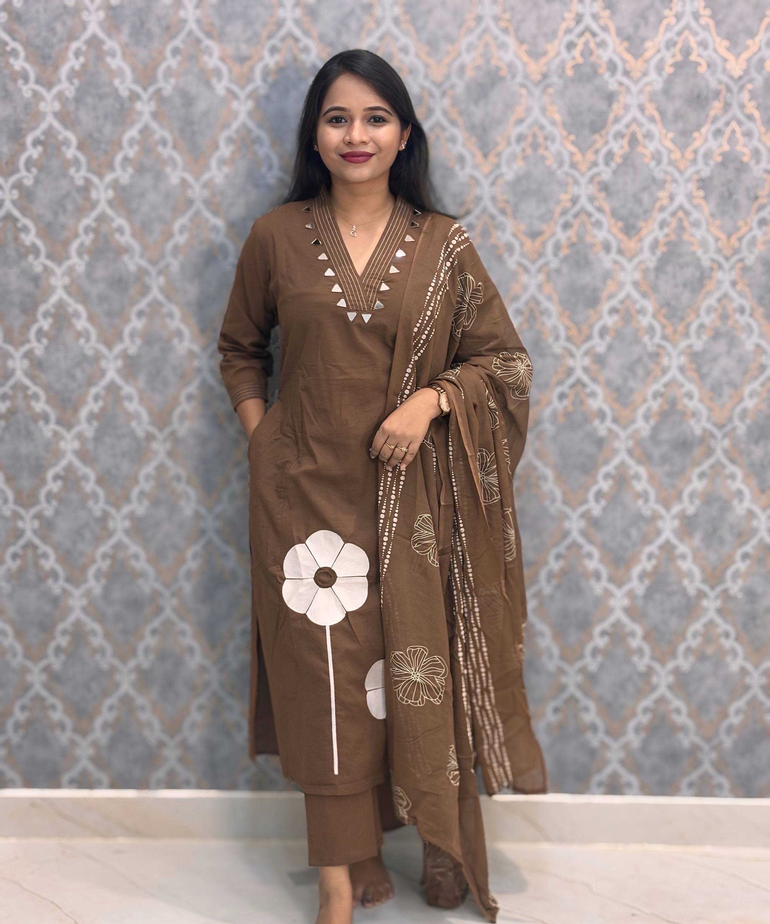 Brown Color Mirror Work V Neck Designer Ethnic Salwar Set with Pocket / ESS384