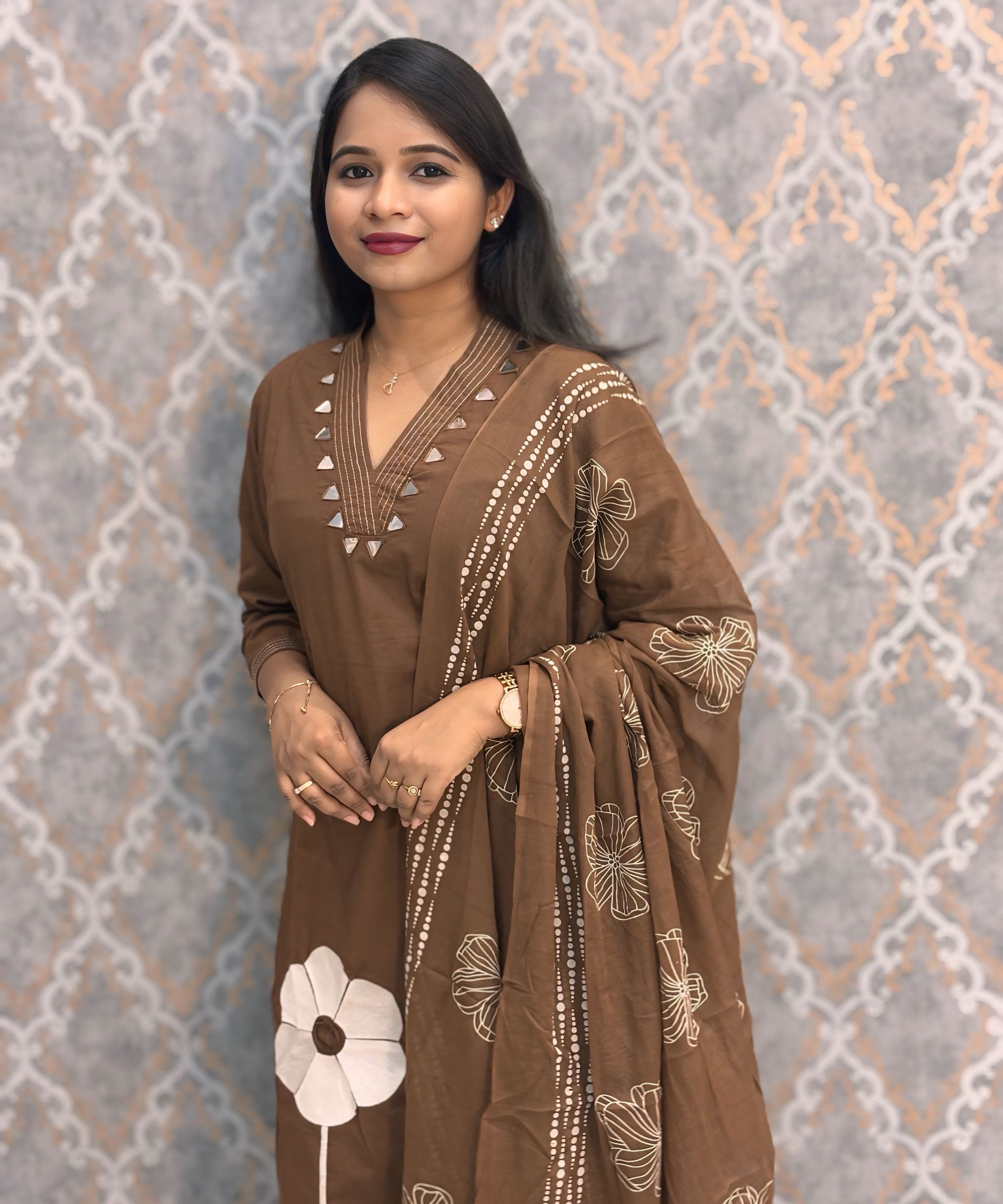 Brown Color Mirror Work V Neck Designer Ethnic Salwar Set with Pocket / ESS384