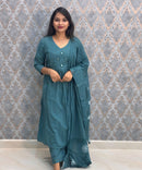 Teal Green Mirror Work V Neck Designer Ethnic Salwar Set / ESS384