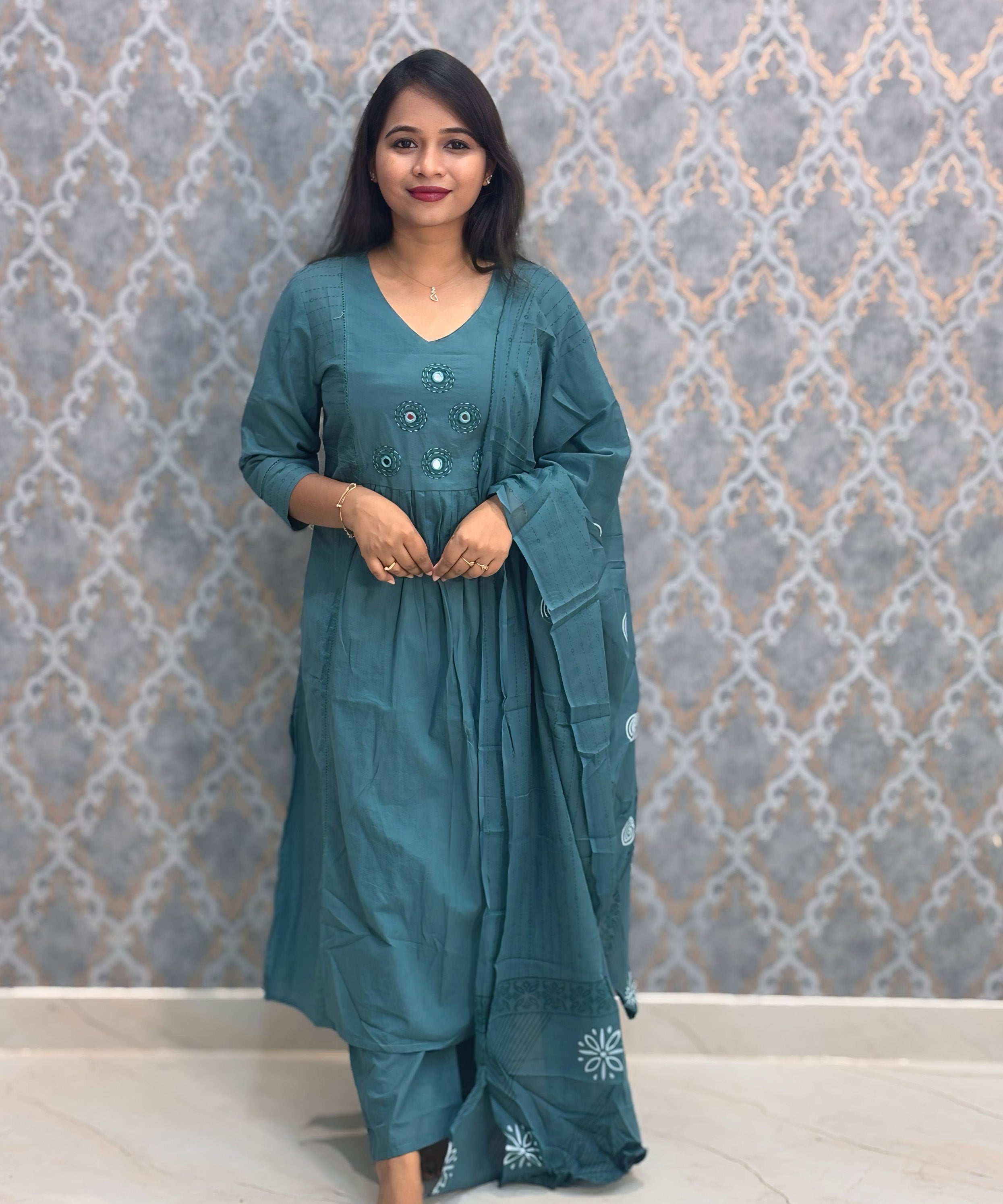 Teal Green Mirror Work V Neck Designer Ethnic Salwar Set / ESS384