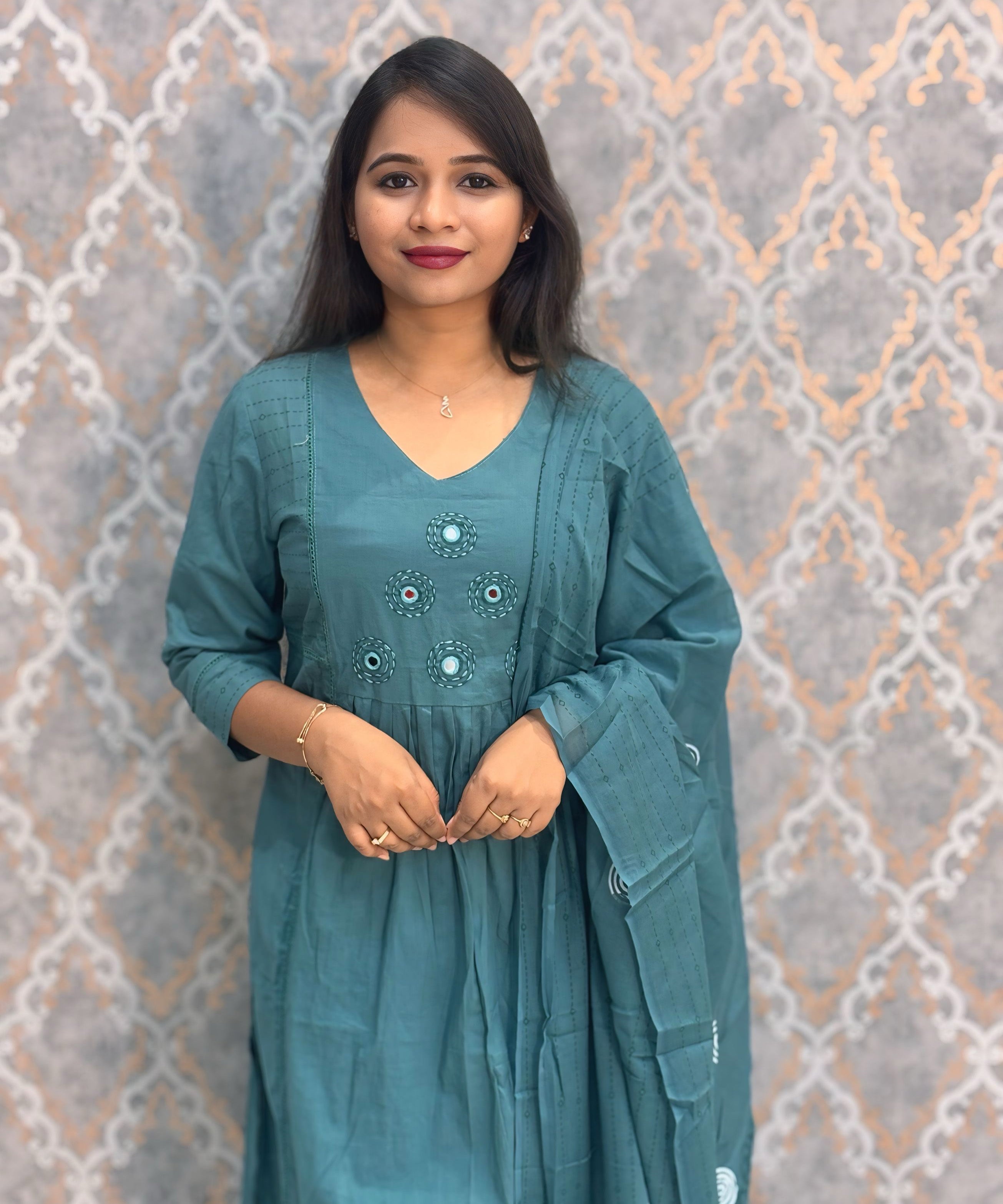 Teal Green Mirror Work V Neck Designer Ethnic Salwar Set / ESS384