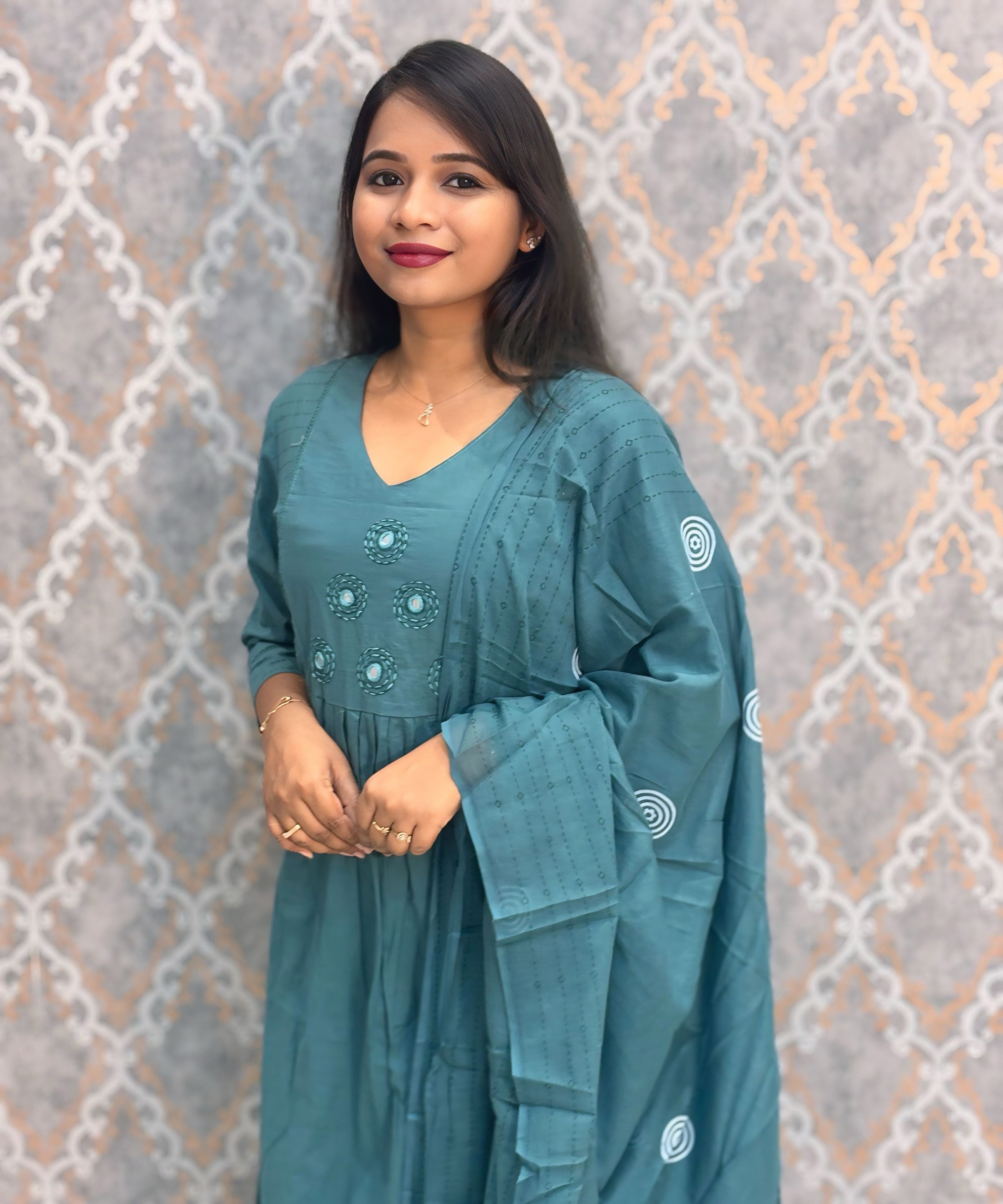 Teal Green Mirror Work V Neck Designer Ethnic Salwar Set / ESS384