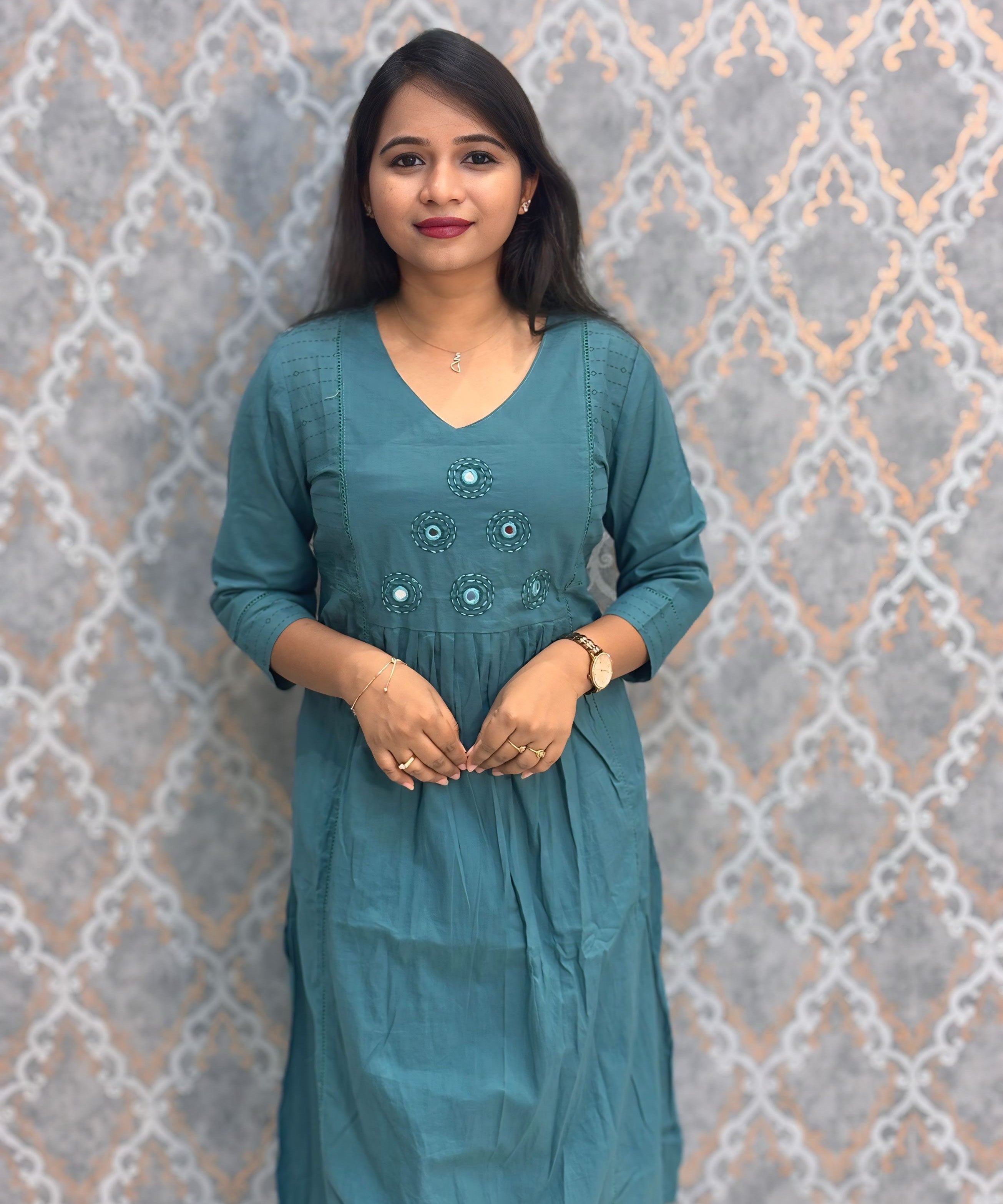 Teal Green Mirror Work V Neck Designer Ethnic Salwar Set / ESS384