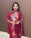 New Floral Maroon Dotted V Neck 3 piece Salwar Set / ESS139